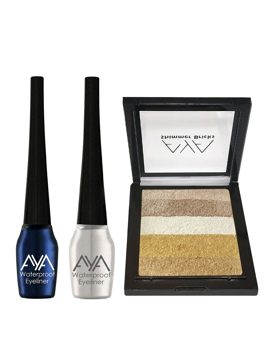 

AYA Set of 2 Waterproof Liquid Eyeliner 5ml Each & Shimmer Brick Highlighter 03, Blue