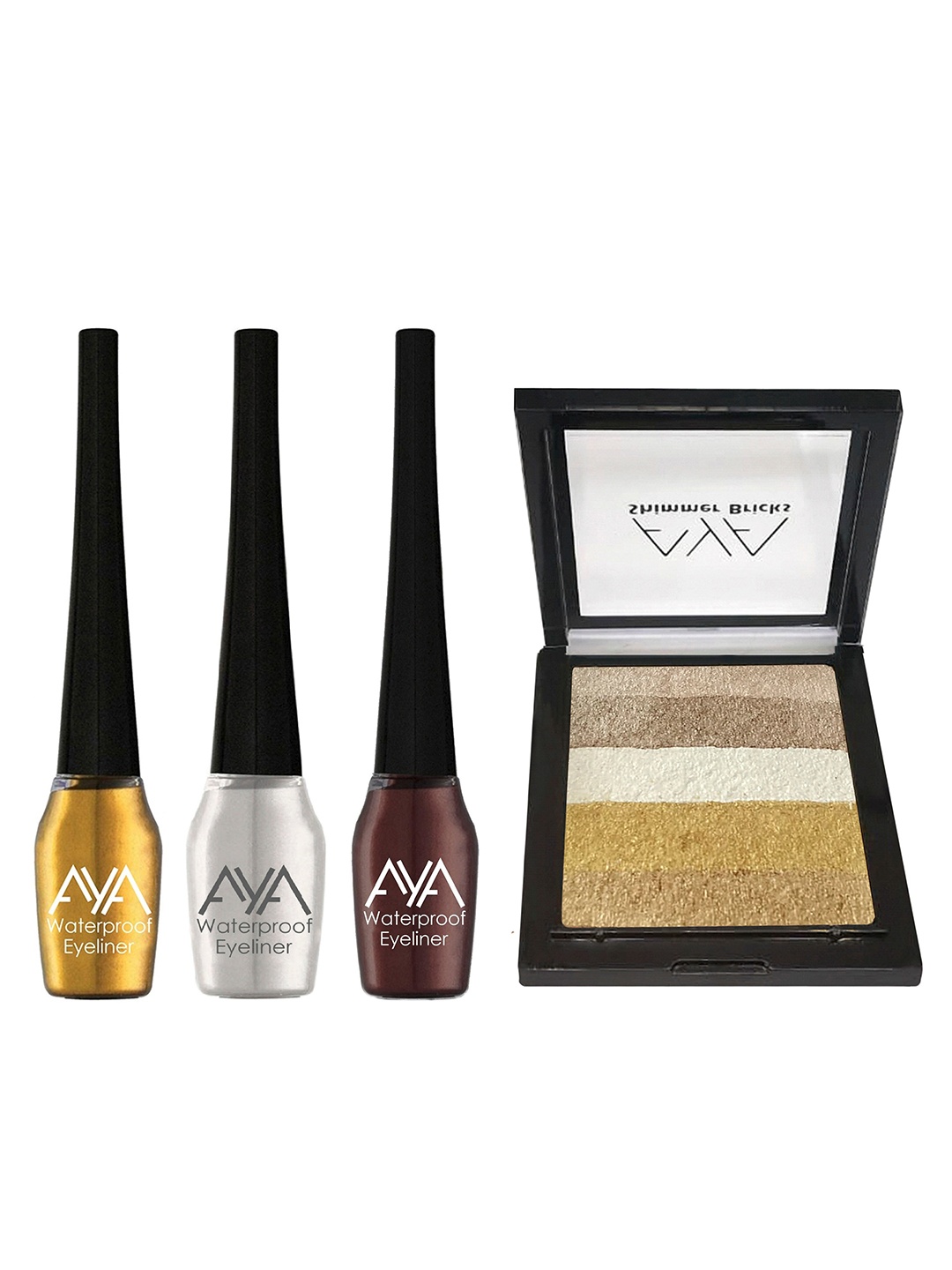 

AYA Set of 3 Waterproof Liquid Eyeliner-5ml Each & Shimmer Brick Highlighter, Gold