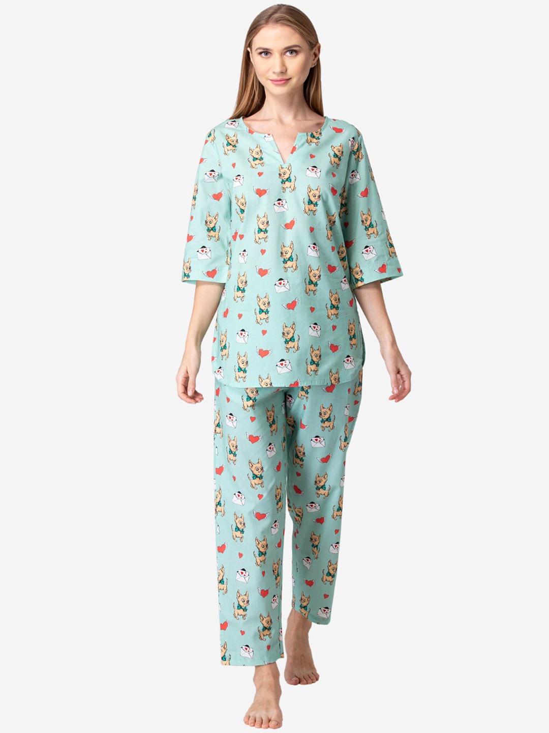 

Fluffalump Women Blue & Red Printed Pure Cotton Night suit