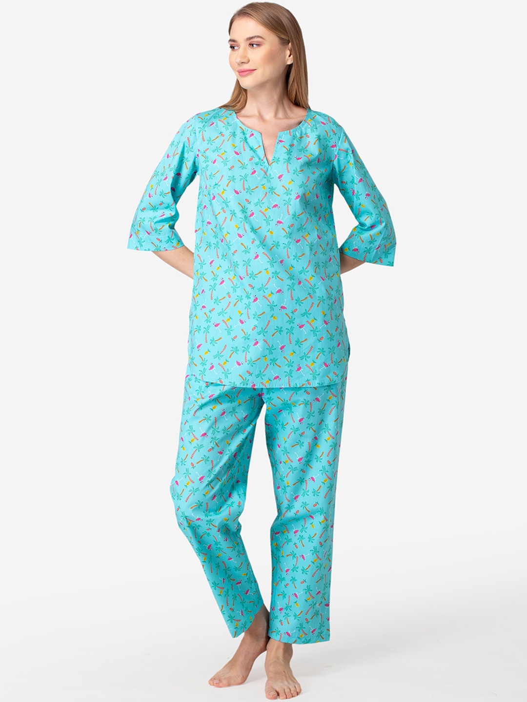 

Fluffalump Women Green & Pink Printed Night suit