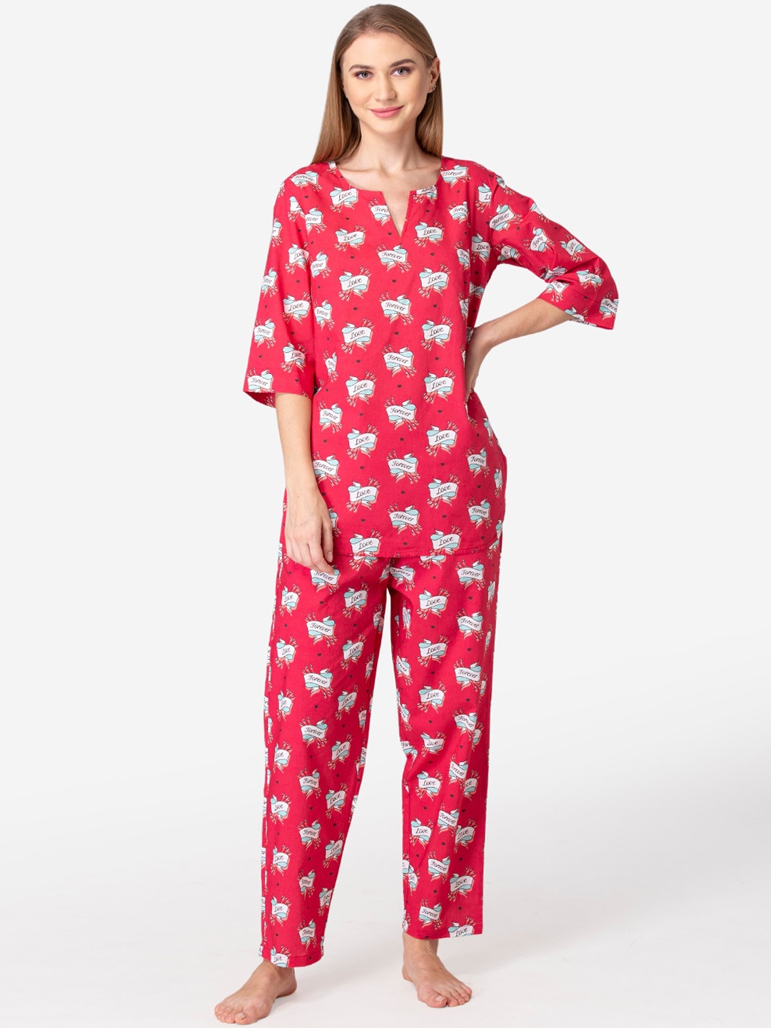 

Fluffalump Women Pink & White Printed Pure Cotton Night suit