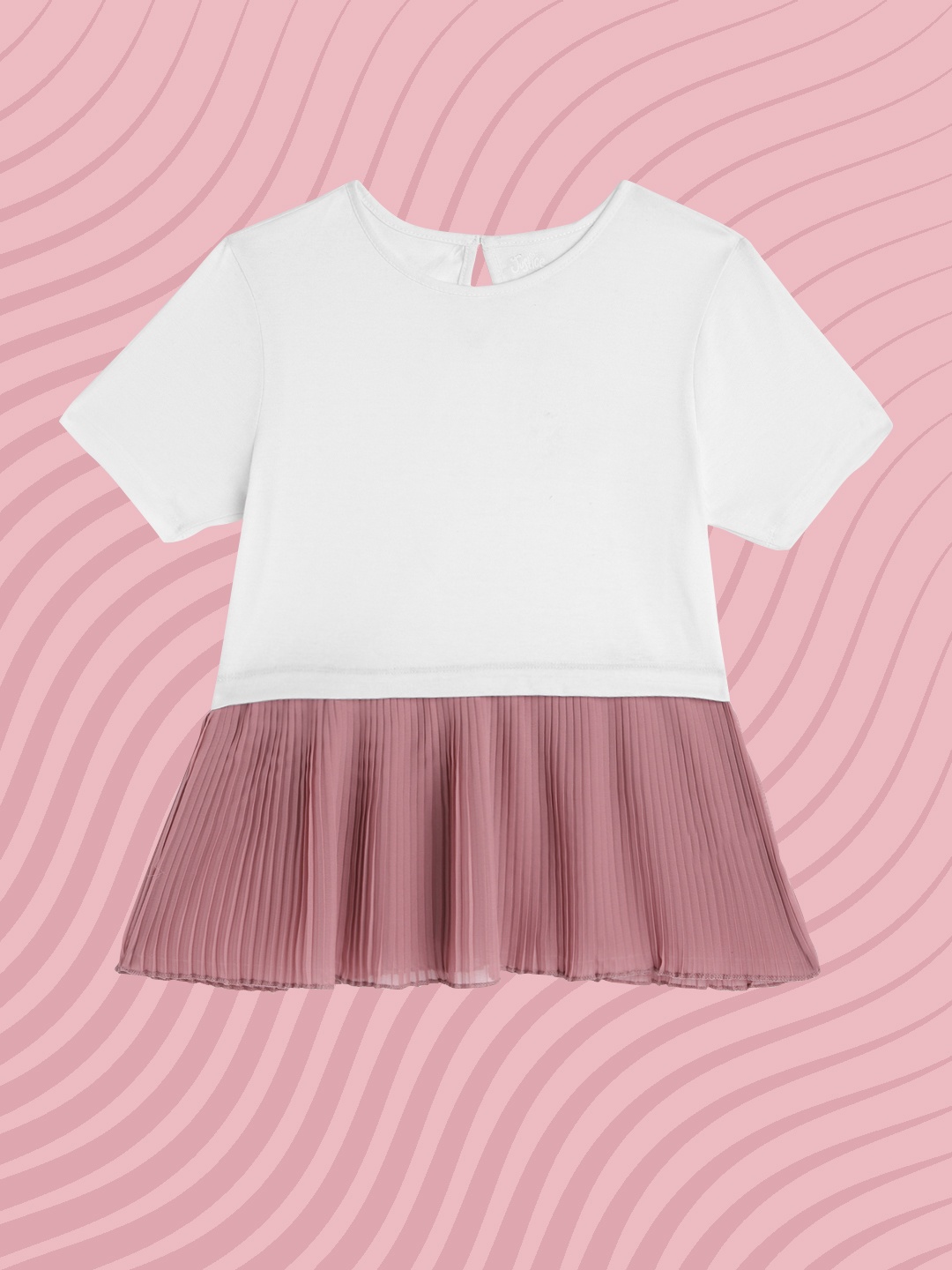 

JUSTICE Girls White & Peach Colourblocked Longline Pure Cotton Twofer A-line Top