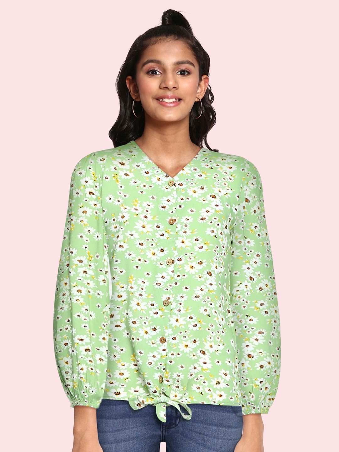 

JUSTICE Green Floral Shirt Style Top