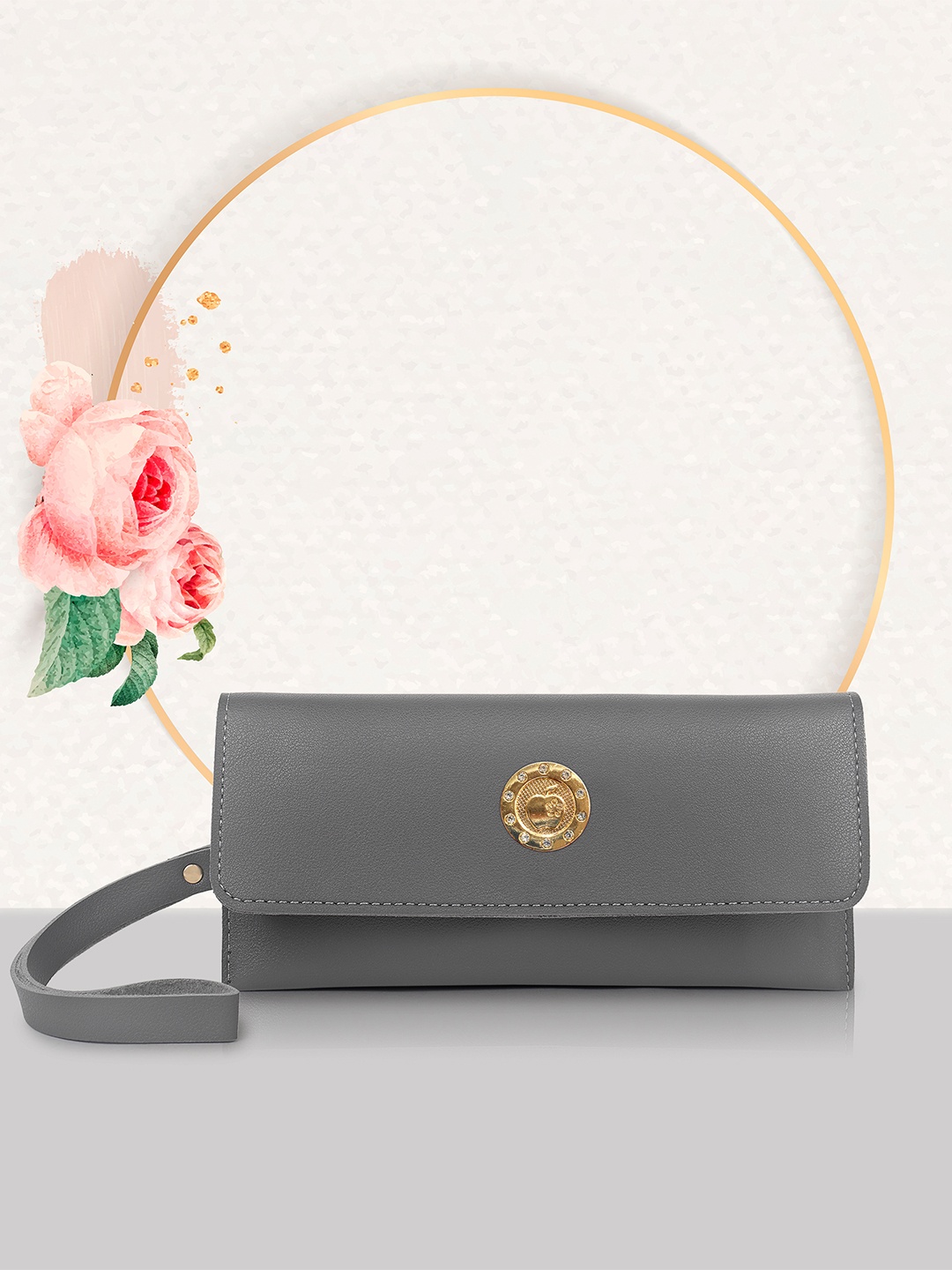 

Stropcarry Women Grey & Gold-Toned Embroidered Envelope Clutch