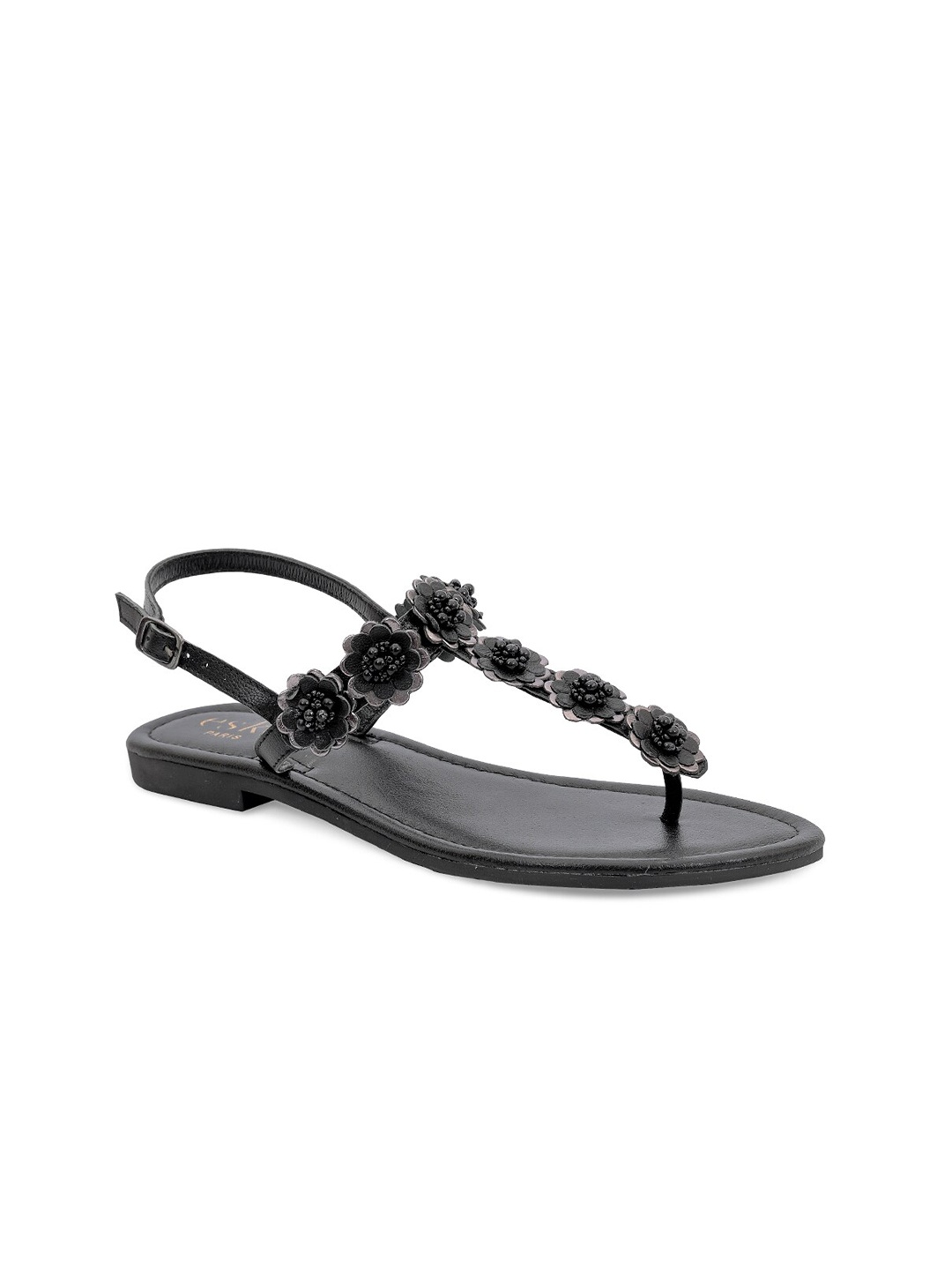 

Eske Women Black Beaded Leather T-Strap Flats