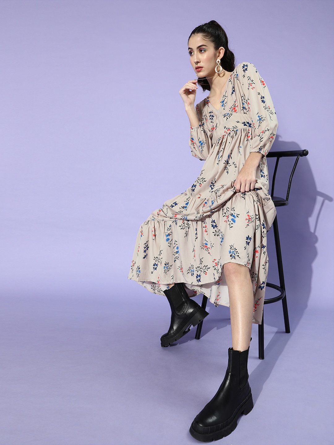

U&F Beige Floral Crepe Maxi Dress