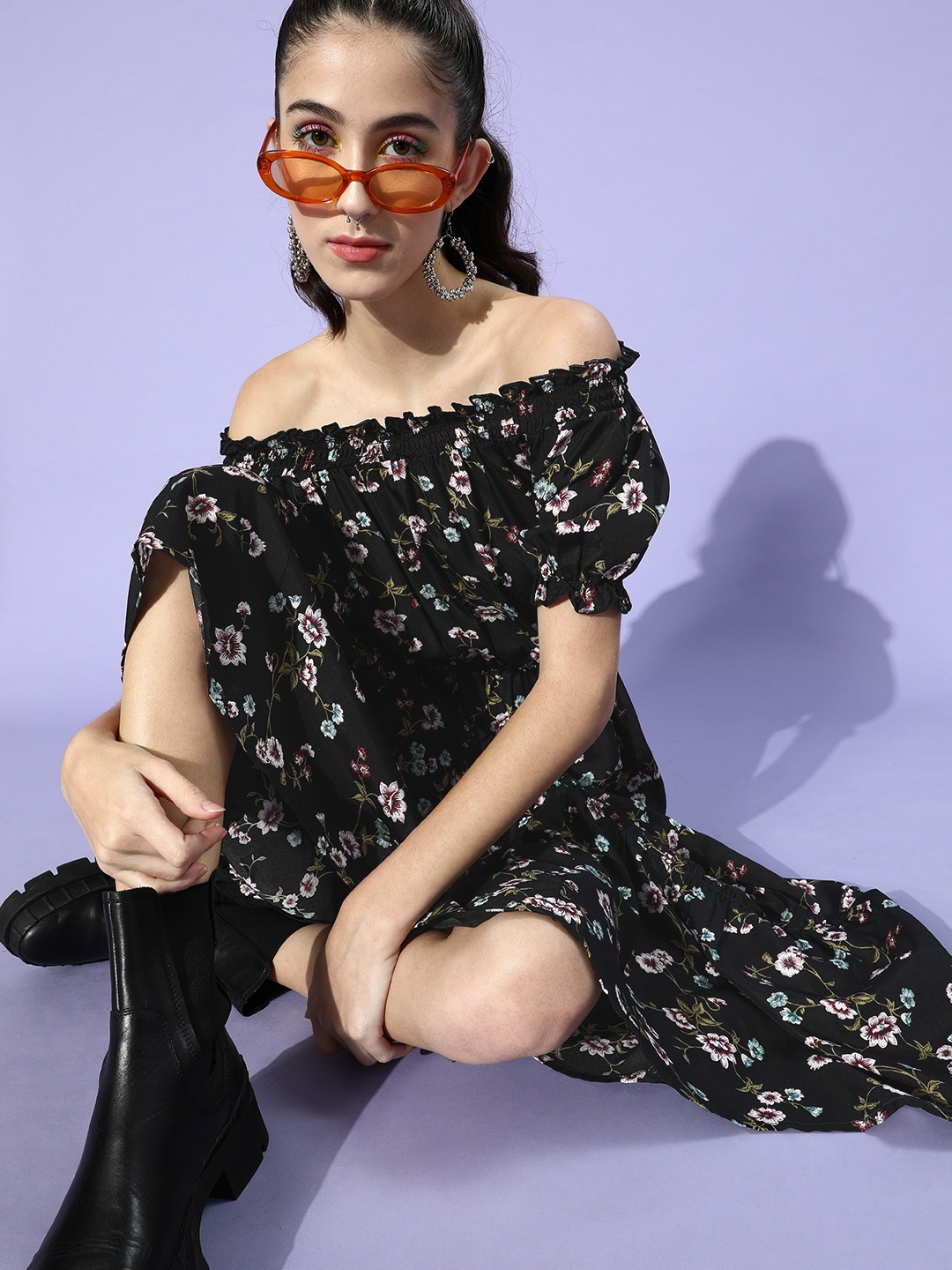 

U&F Black Floral Off-Shoulder Crepe Maxi Dress