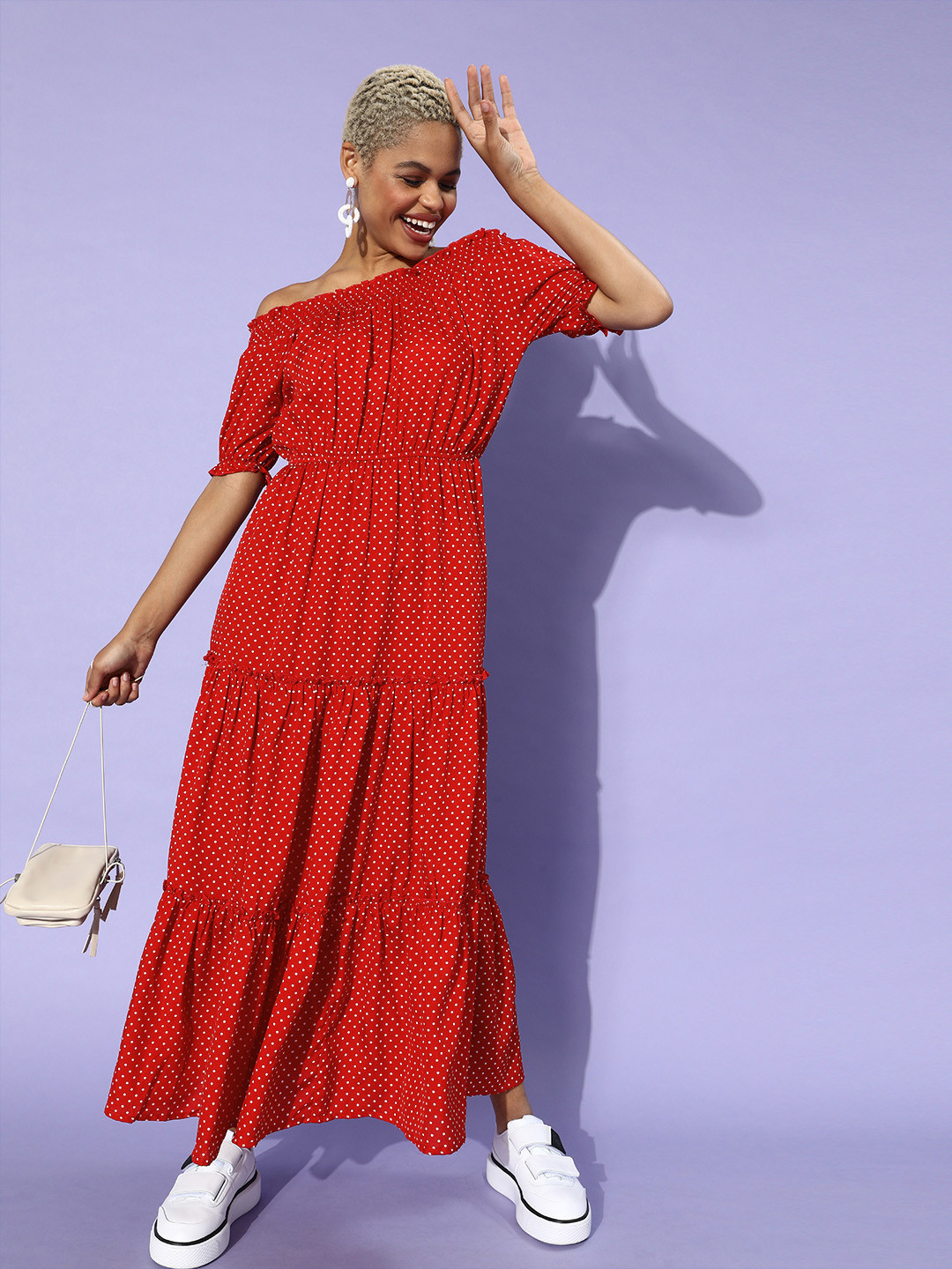 

U&F Red Off-Shoulder Crepe Maxi Dress
