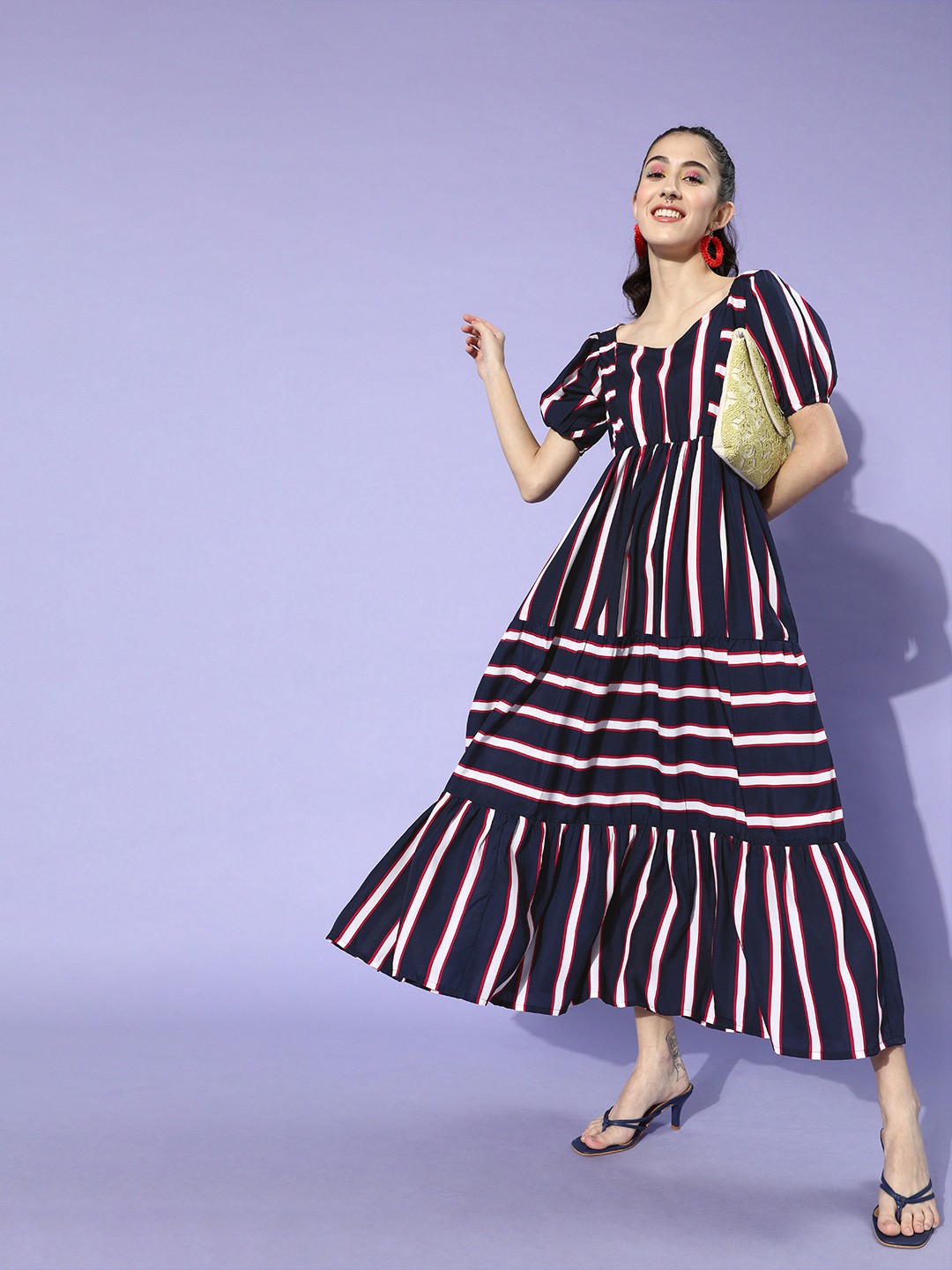 

U&F Women Blue & White Crepe Striped Maxi Dress