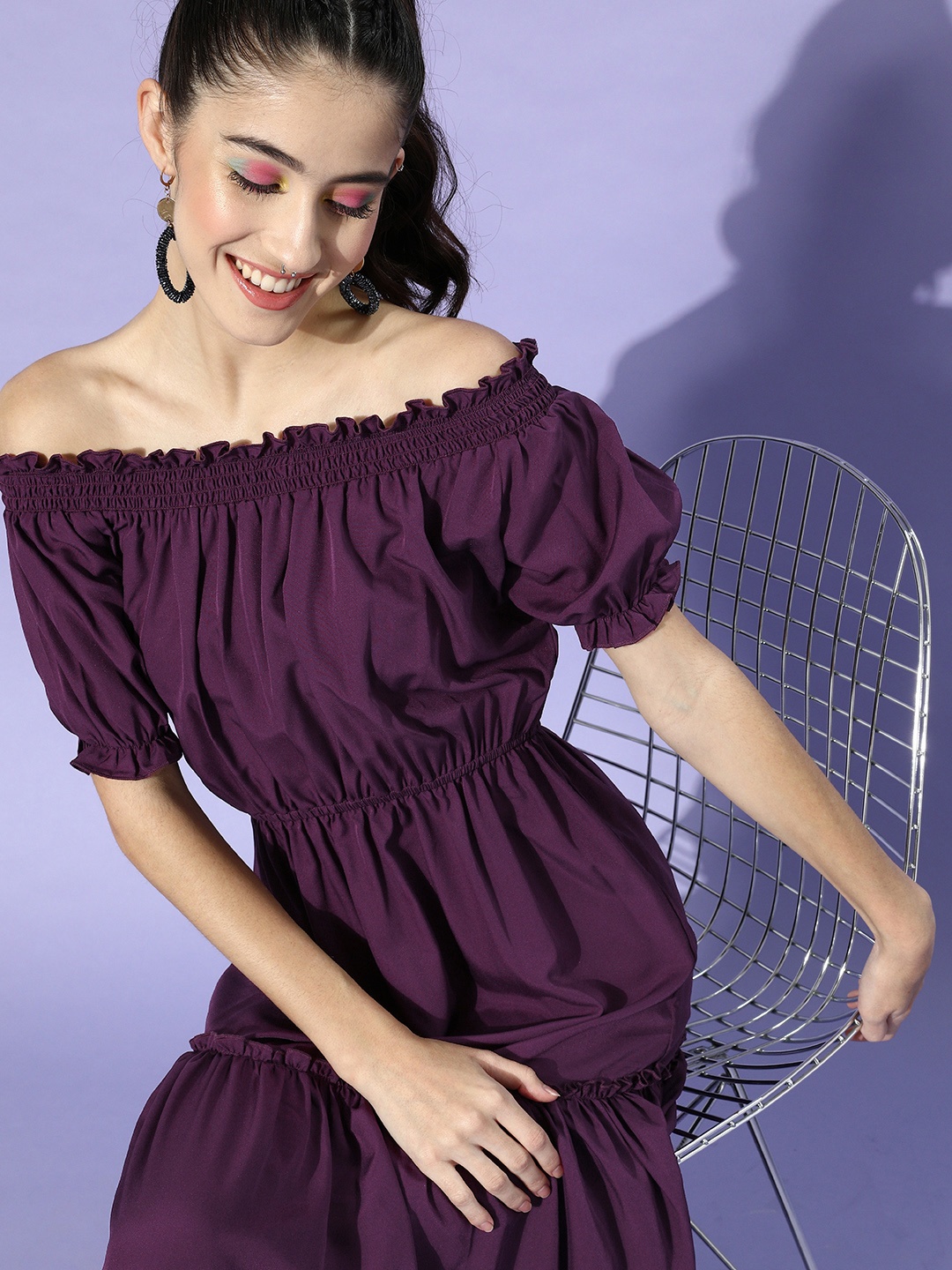 

U&F Purple Off-Shoulder Crepe Maxi Dress