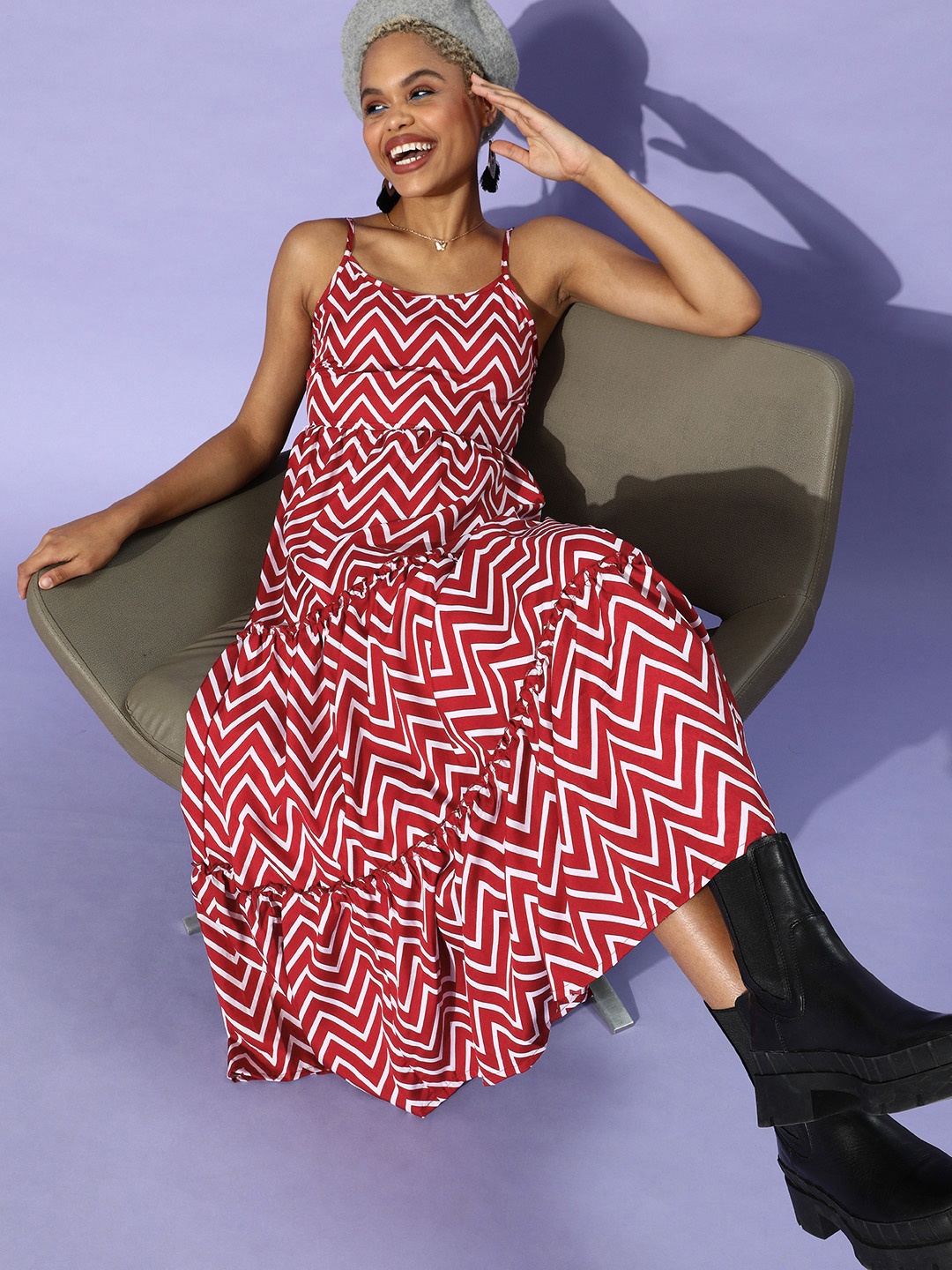 

U&F Maroon & White Crepe Maxi Dress