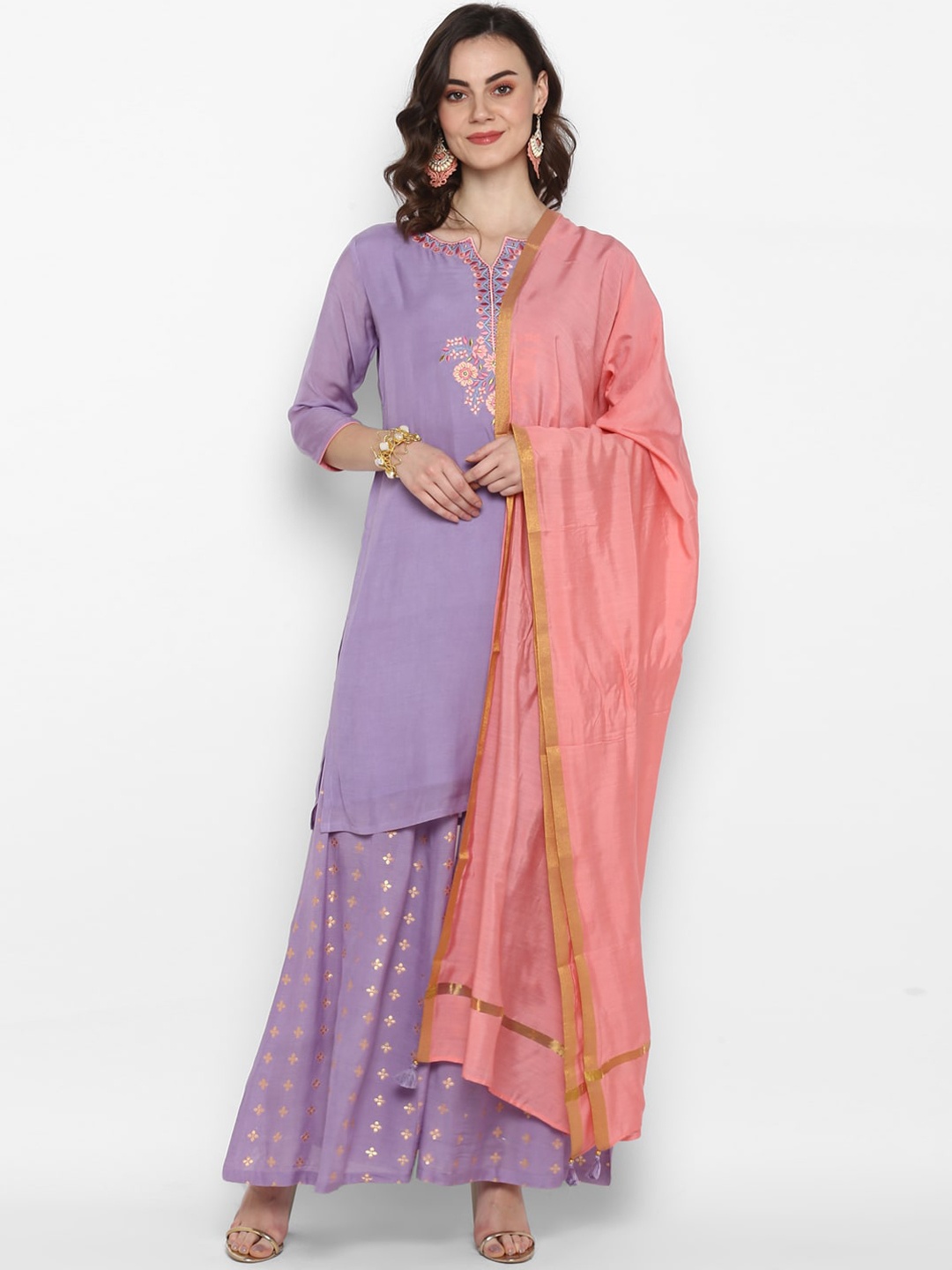 

Janasya Women Purple Yoke Design Thread Work Kurta with Palazzos & Dupatta