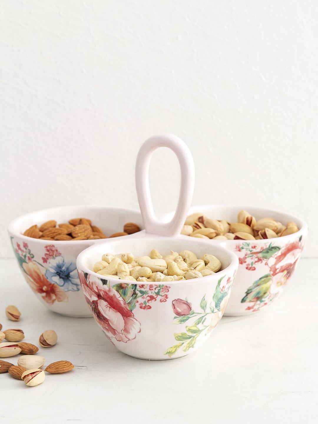 

Home Centre White & Pink Printed Stoneware Divided Bowl