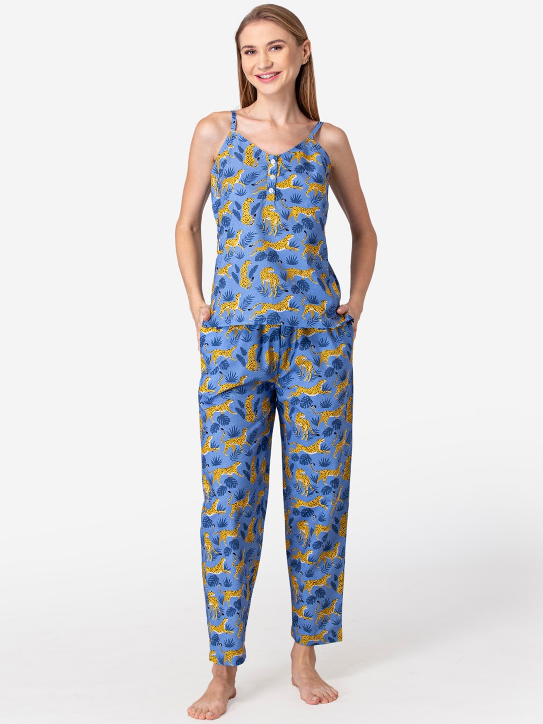 

Fluffalump Women Blue & Yellow Printed Pure Cotton Night suit