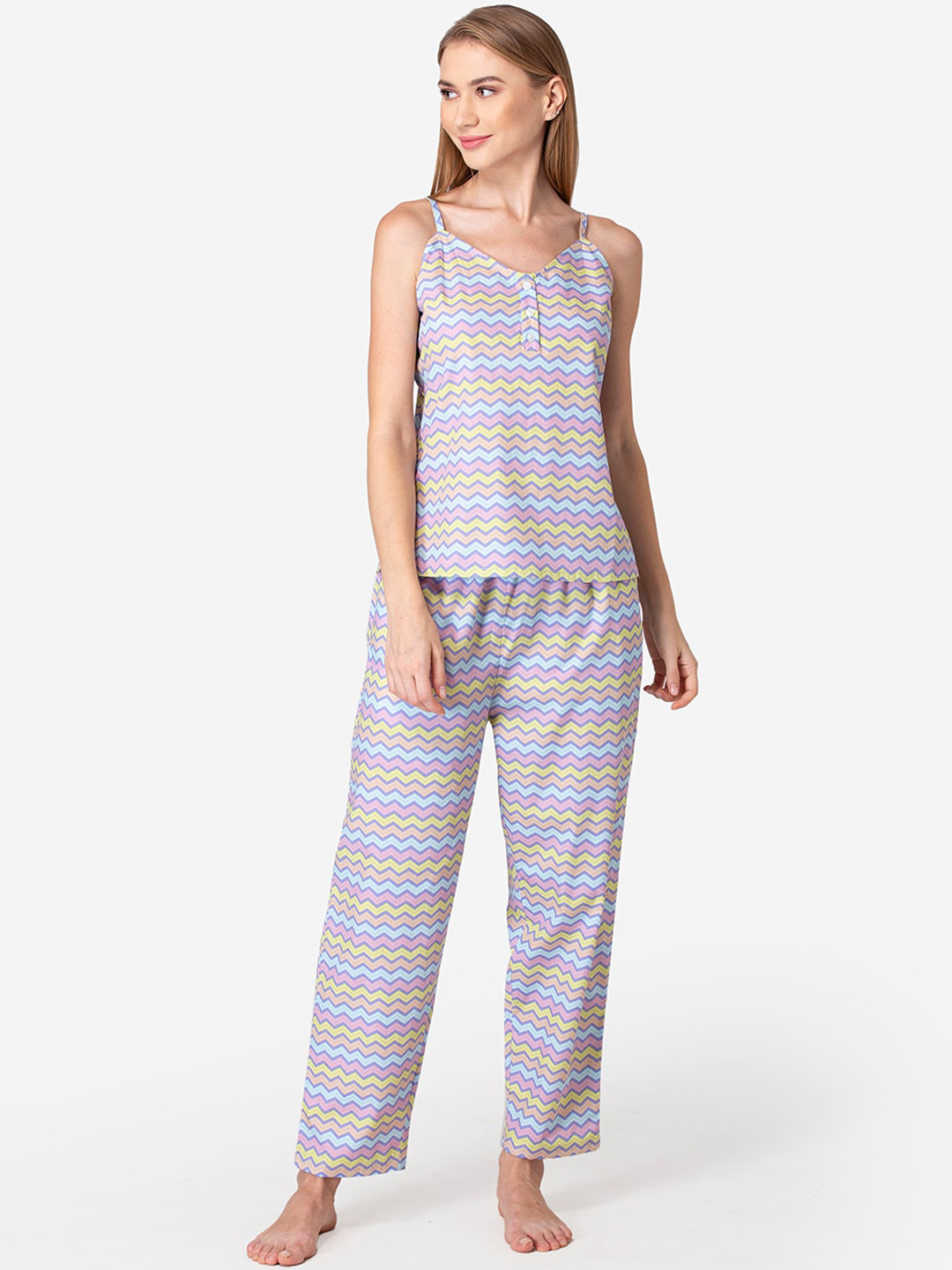 

Fluffalump Women Lavender & Blue Chevron Printed Pure Cotton Night Suit