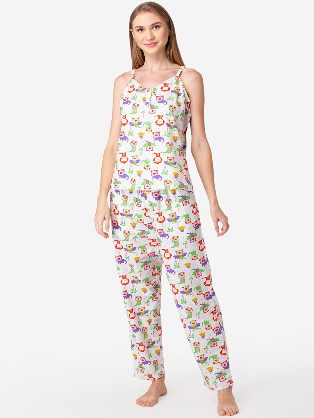 

Fluffalump Women White & Red Pure Cotton Printed Night suit