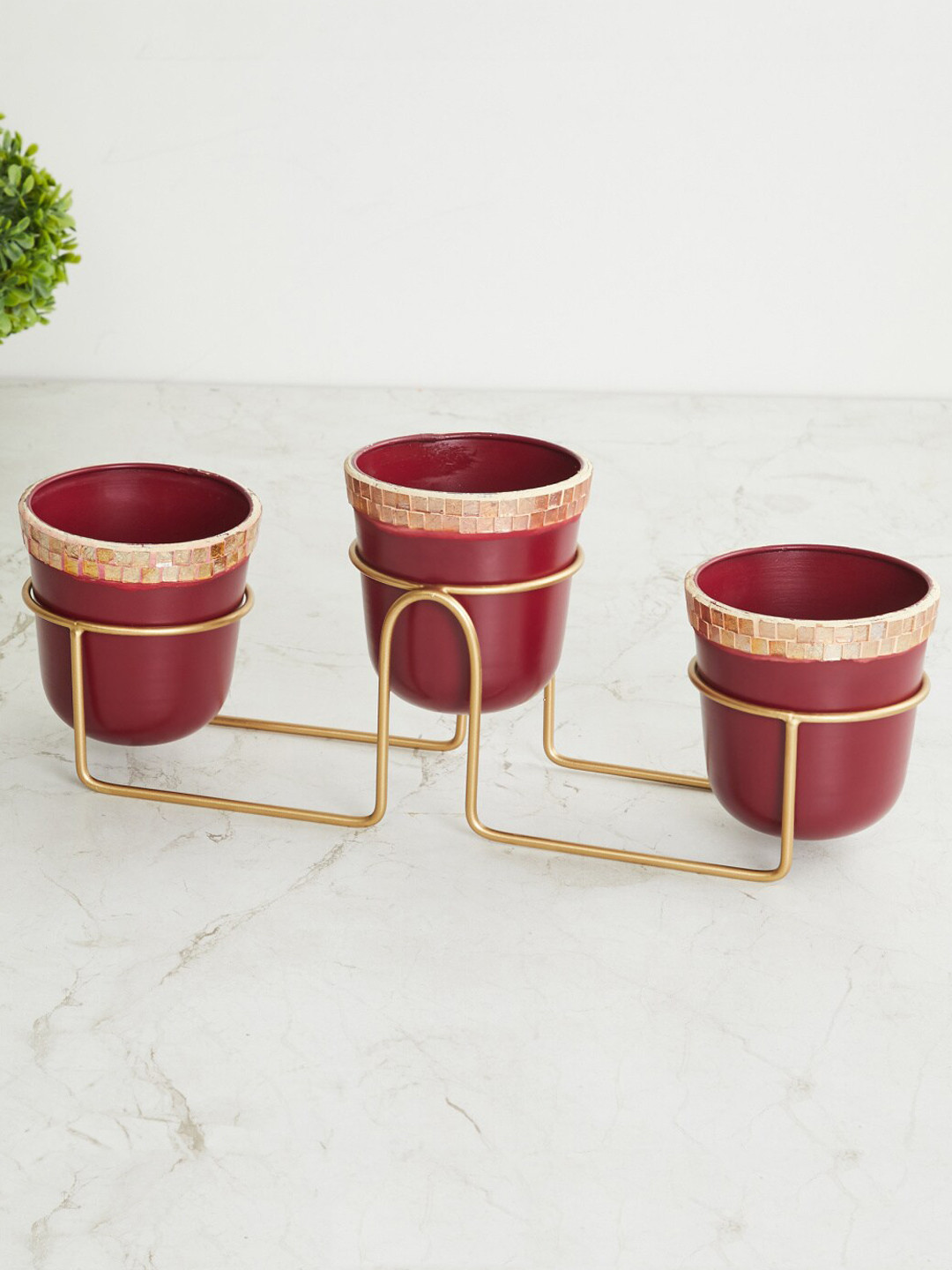 

Home Centre Red & Gold-Toned Textured Metal Planter With Stand