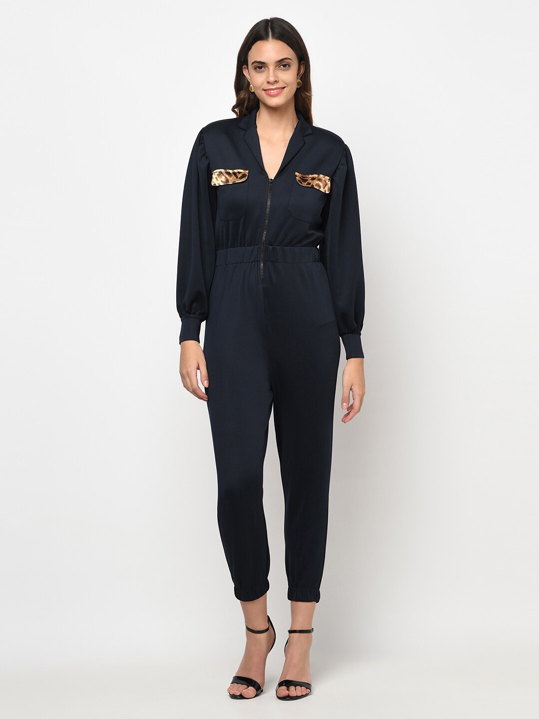 

iki chic Navy Blue & Beige Front Zipper Jogger Fit Jumpsuit