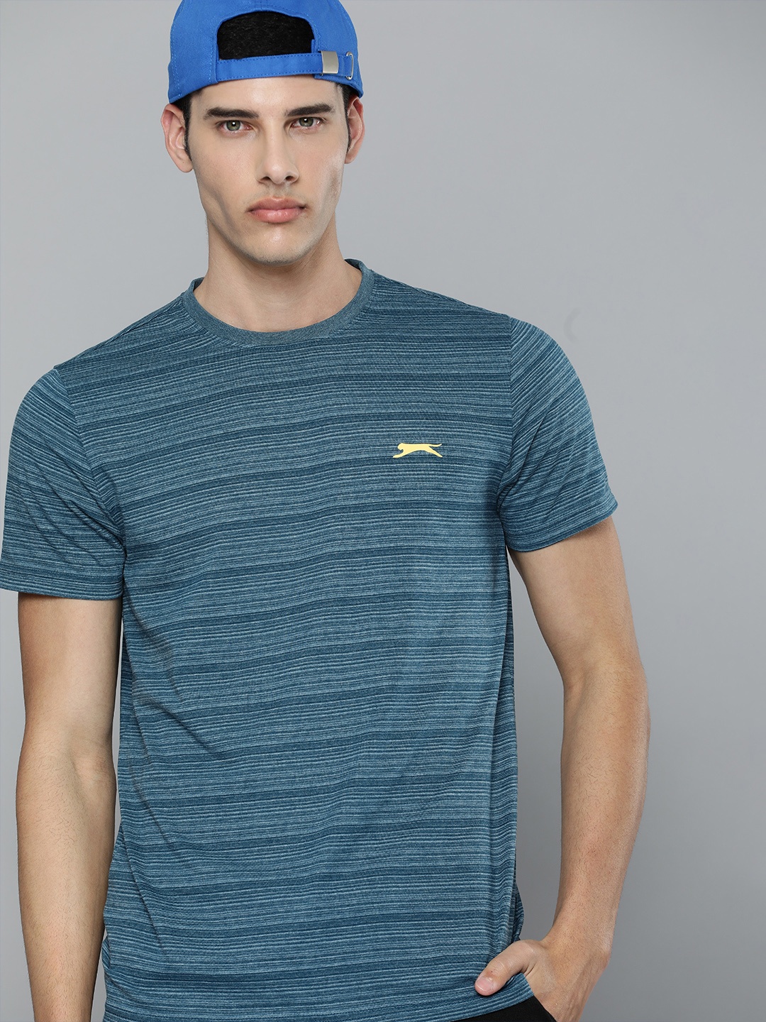 

Slazenger Men Teal Blue & White Striped Bio-Wash T-shirt