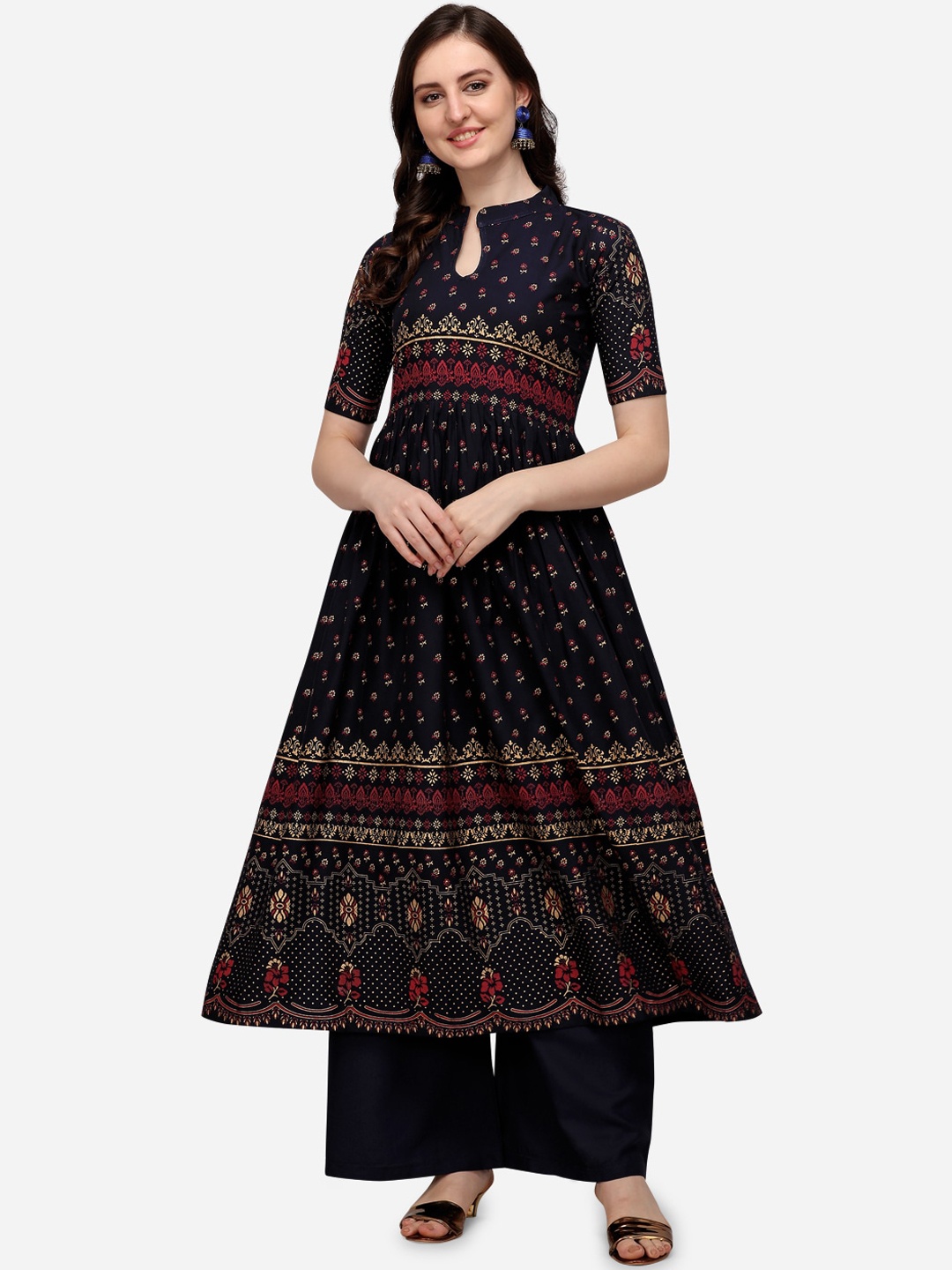 

Florence Navy Blue Ethnic Motifs Keyhole Neck Maxi Dress
