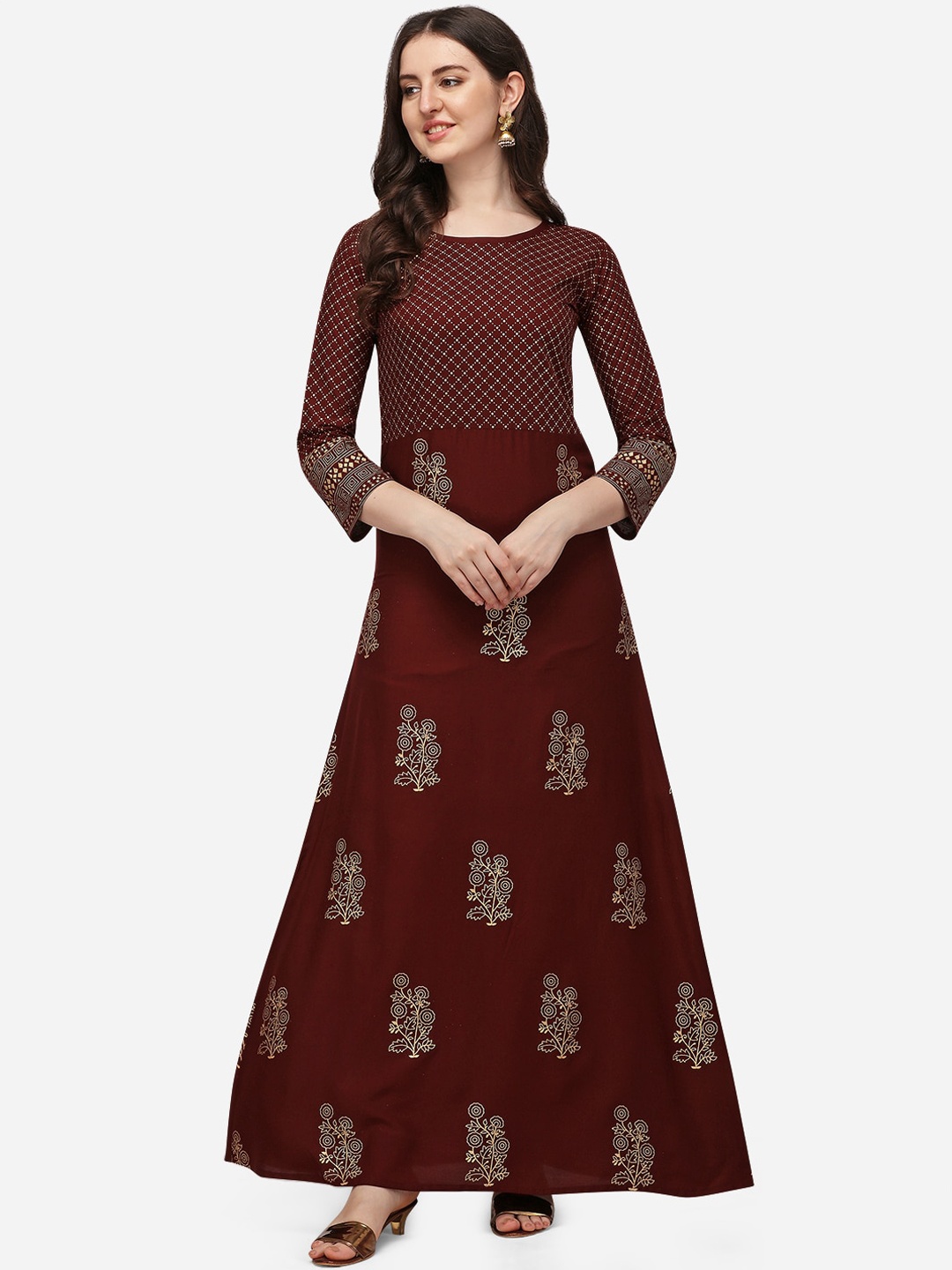 

Florence Women Maroon & Gold-Toned Ethnic Motifs Foil Printed Maxi Dress
