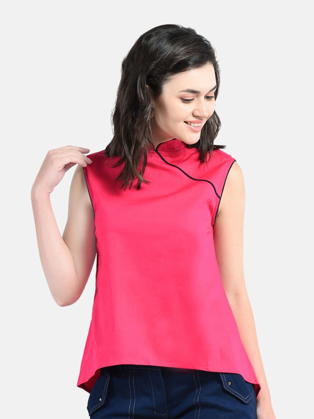 

AARA Pink Mandarin Collar High-Low Top
