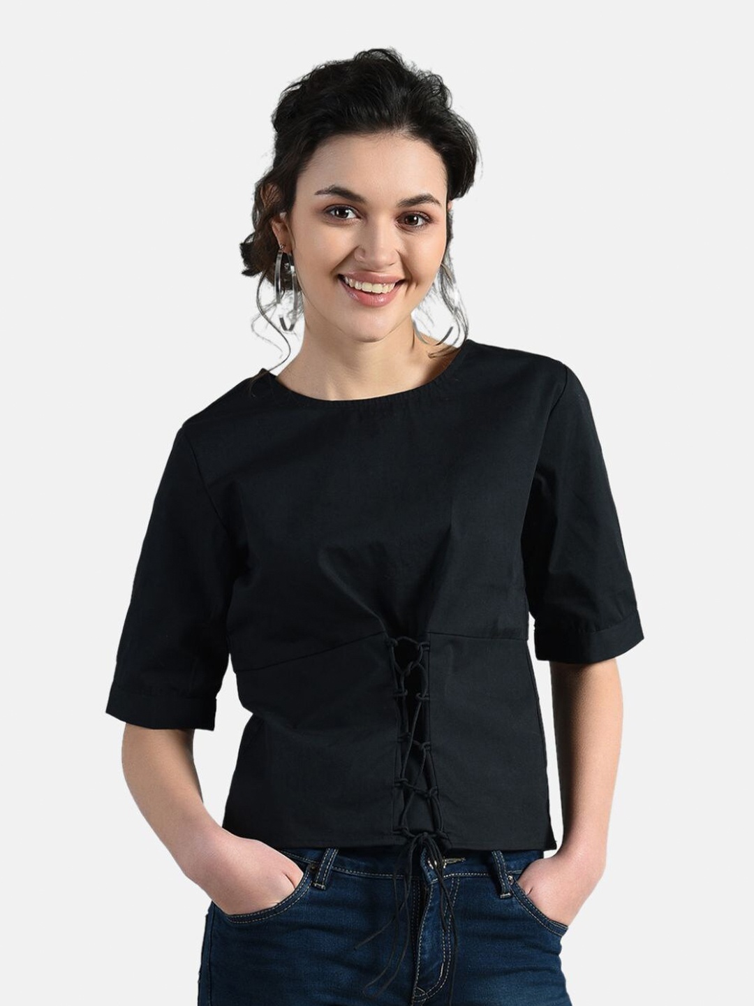 

AARA Black Solid Lace Up Top