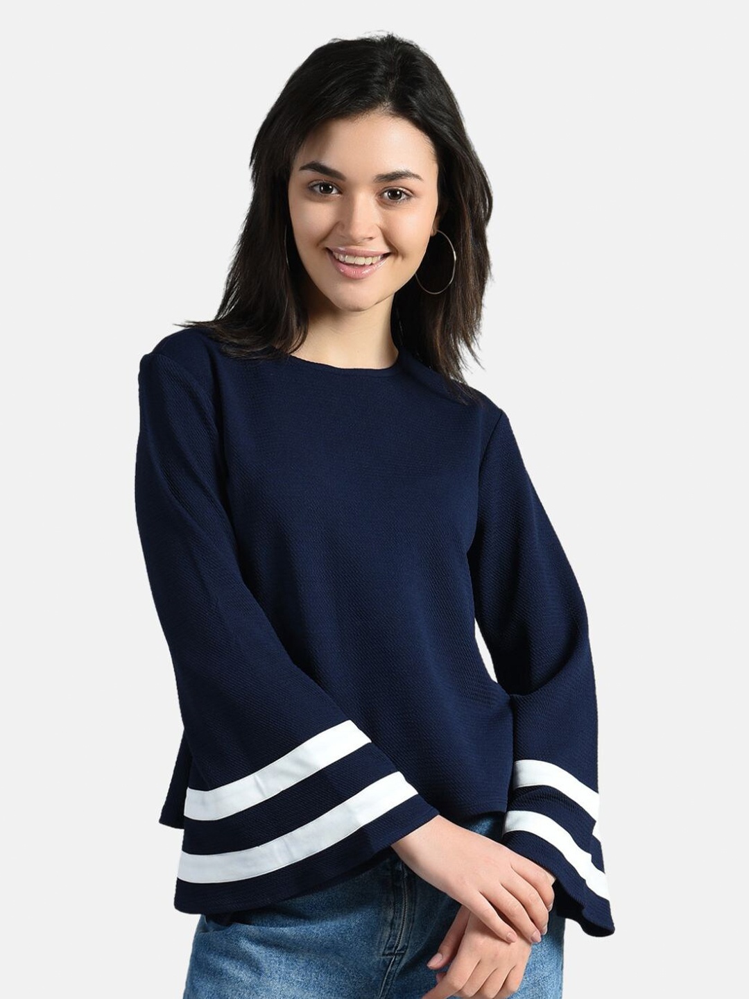 

AARA Navy Blue Bell Sleeve Peplum Top