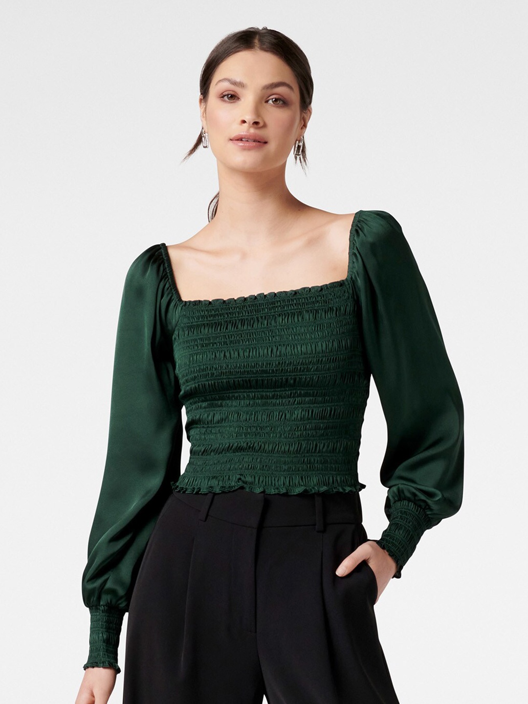 

Forever New Green Smocked Bishop Sleeves Regular Top