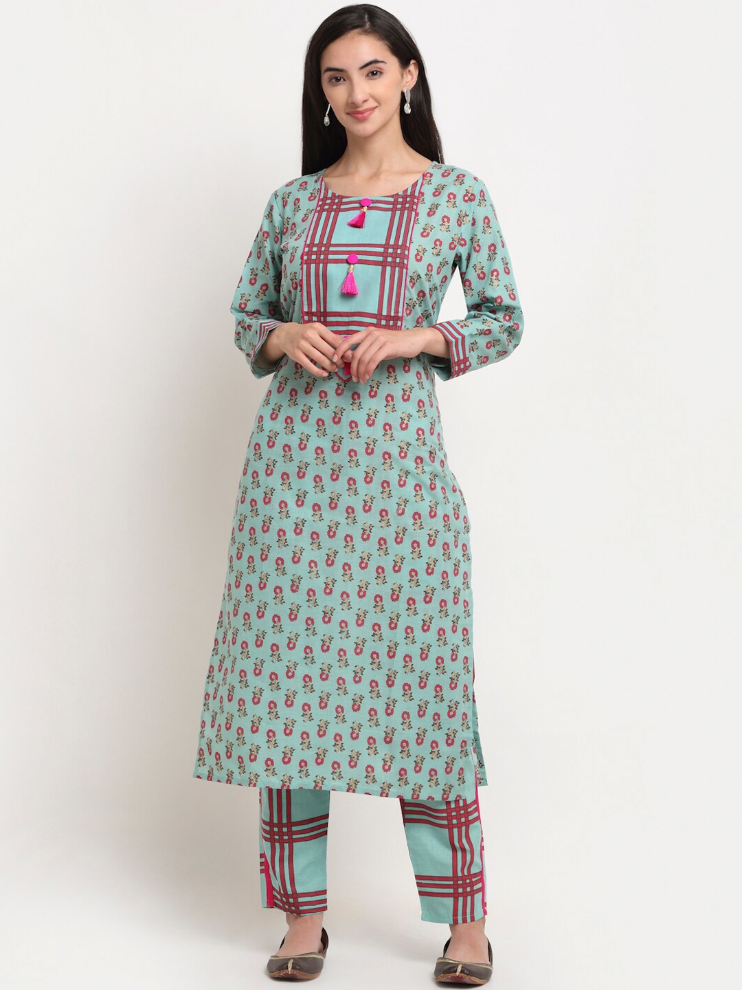 

KALINI Women Turquoise Blue & Red Floral Printed Regular Kurta With Trousers