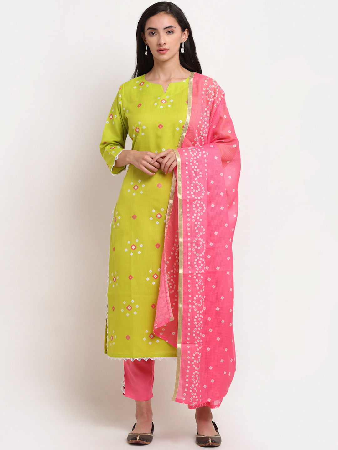 

GoSriKi Women Lime Green Printed Regular Kurta with Trousers & Dupatta