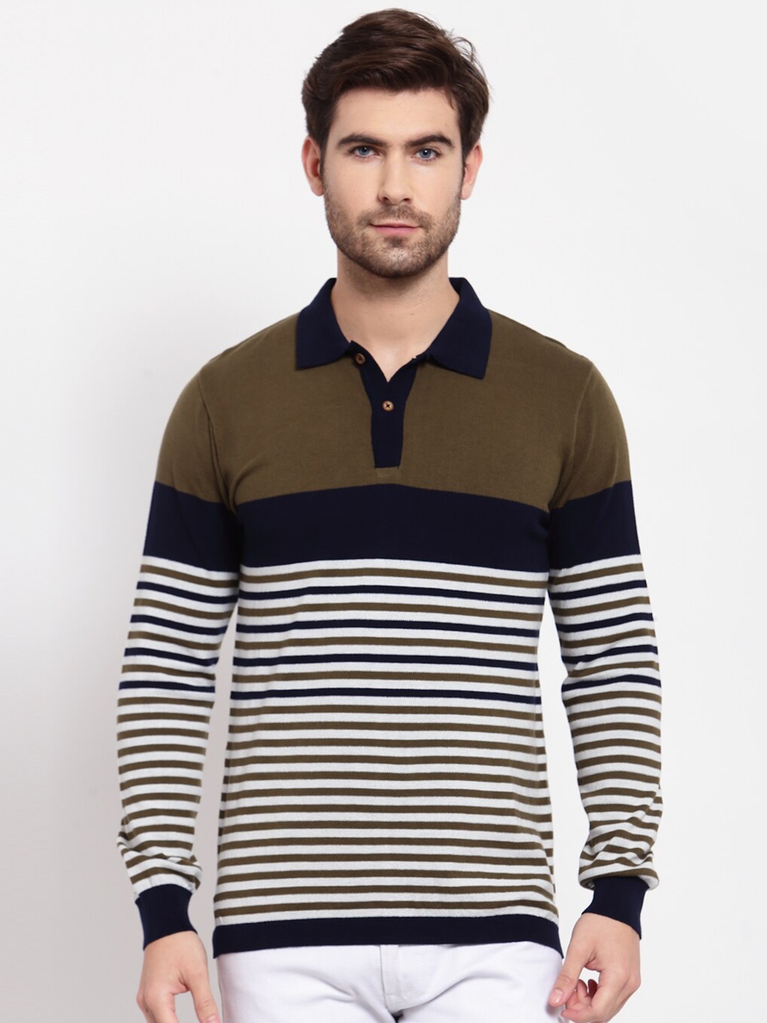 

Kalt Men Green Striped Polo Collar Pockets T-shirt