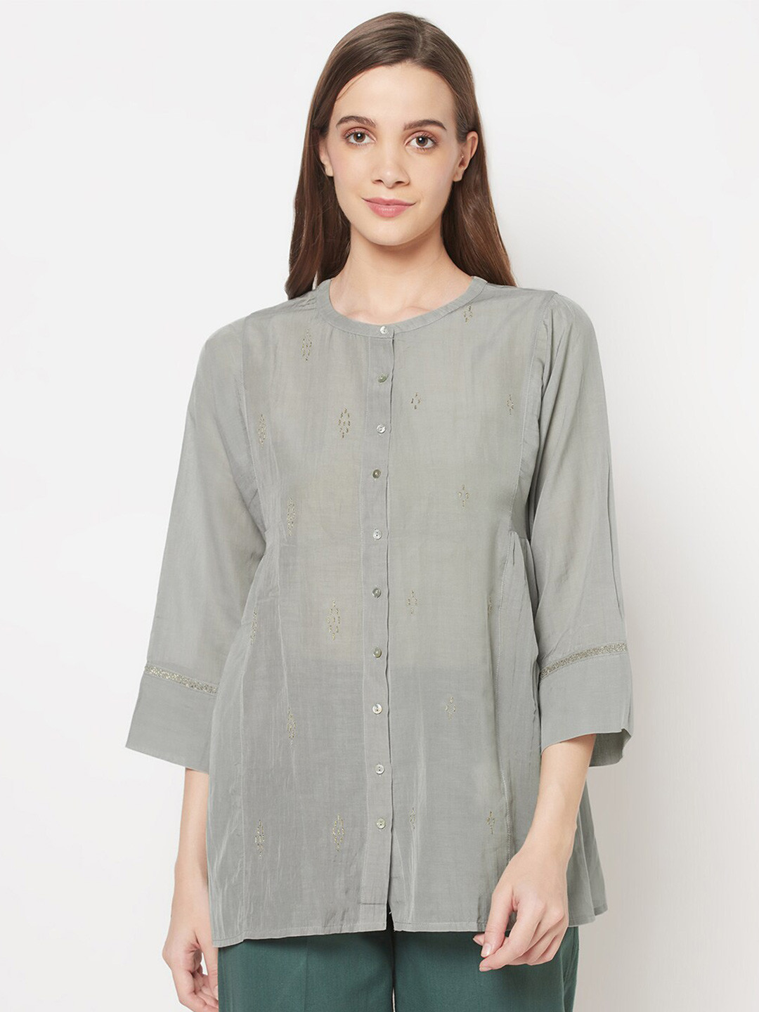 

Fabindia Grey Mandarin Collar Shirt Style Top