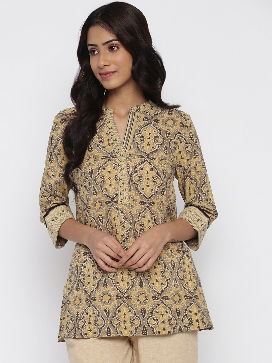 

Fabindia Woman Beige Printed Pure Cotton Kurti