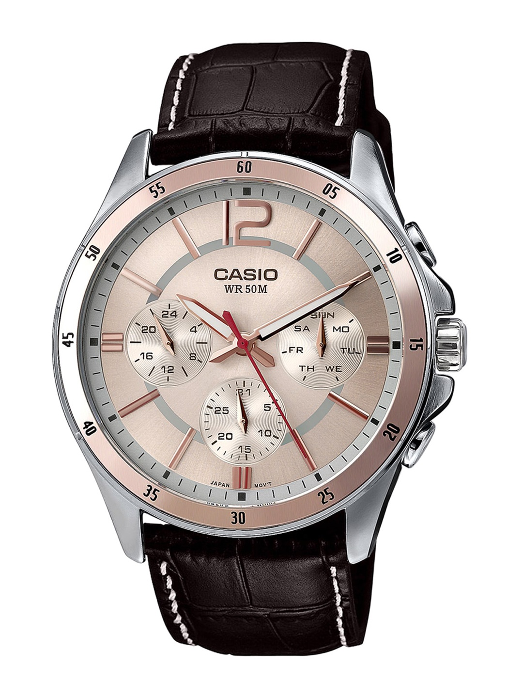 

CASIO Men Rose Gold-Toned Skeleton Dial & Brown Leather Straps Analogue Watch A1887