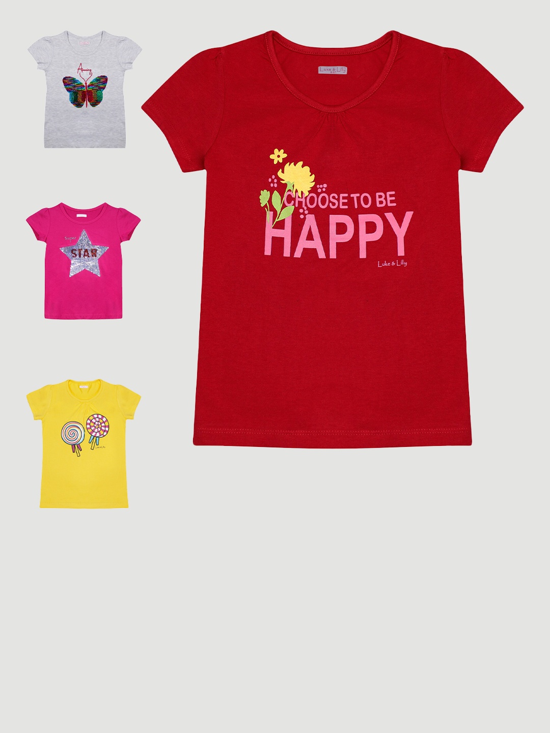 

Luke & Lilly Girls Multicoloured Typography 4 Printed V-Neck Applique T-shirt, Multi