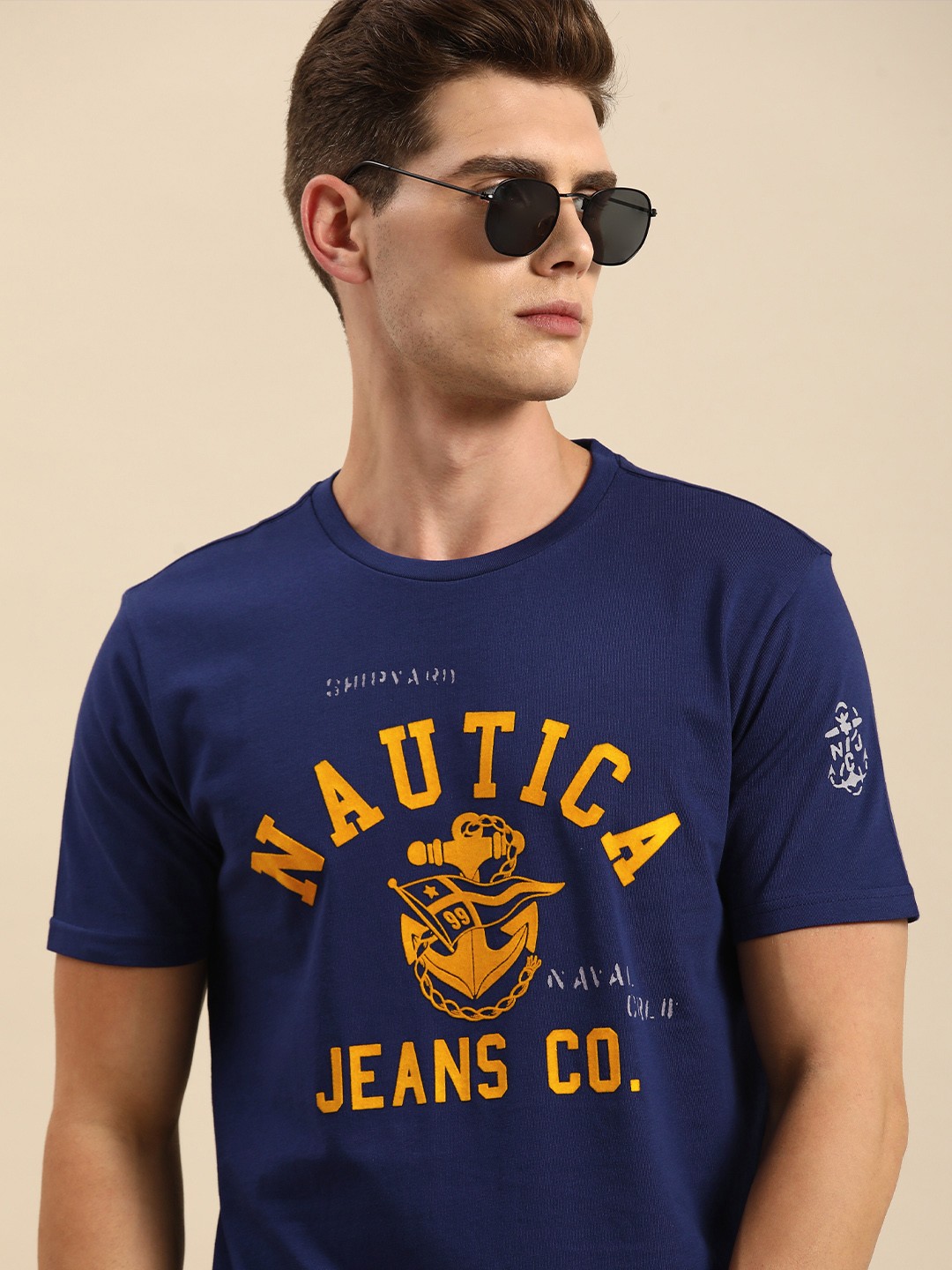 

Nautica Men Blue Brand Logo Printed Pure Cotton T-shirt