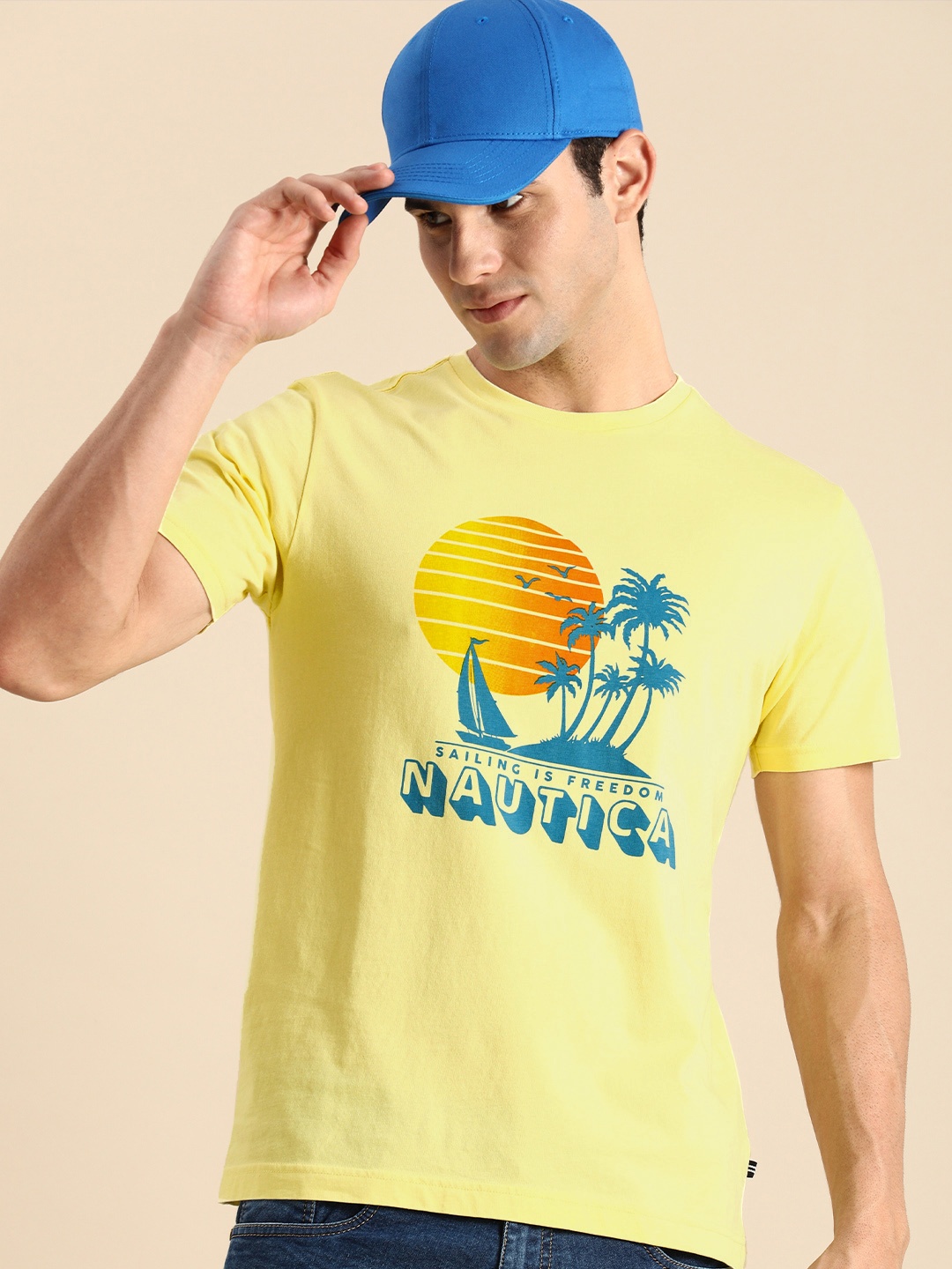 

Nautica Men Yellow & Blue Graphic Print Round Neck Pure Cotton T-shirt