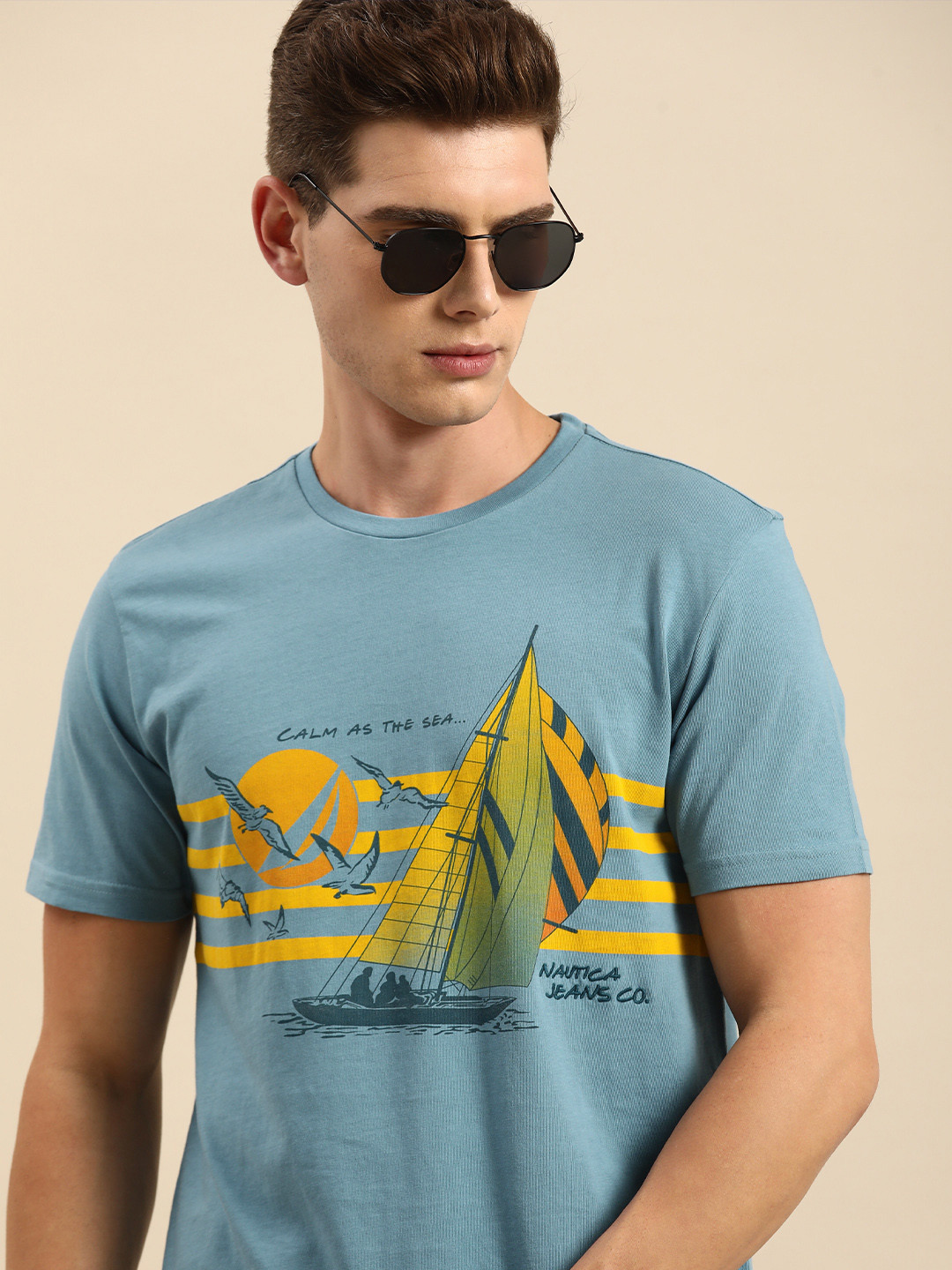 

Nautica Men Blue Printed Pure Cotton T-shirt