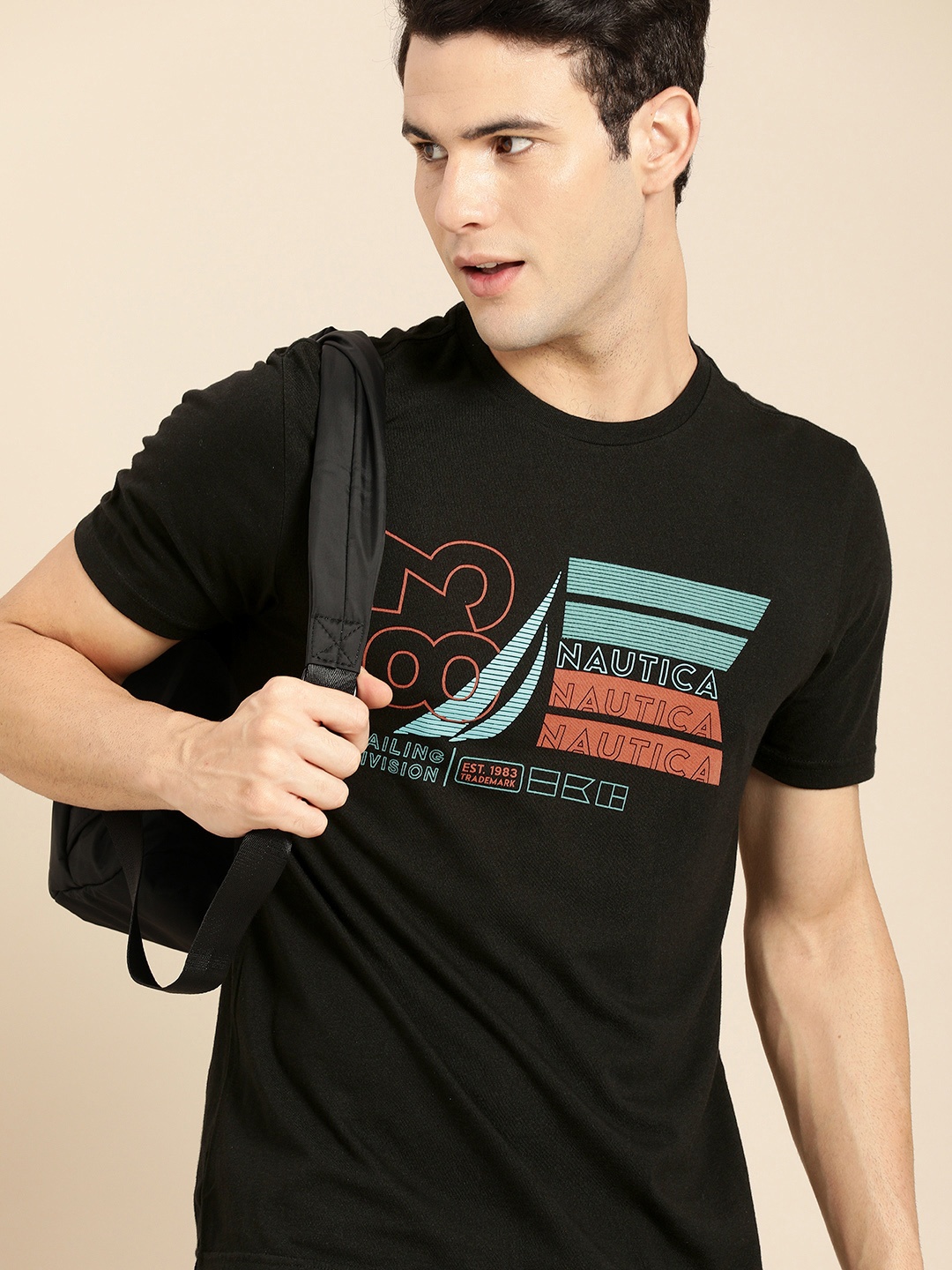 

Nautica Men Black Brand Logo Print Round Neck Regular Sleeves Pure Cotton T-shirt