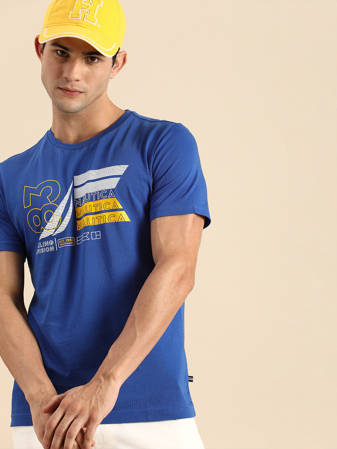 

Nautica Men Blue Brand Logo Print Round Neck Regular Sleeves Pure Cotton T-shirt