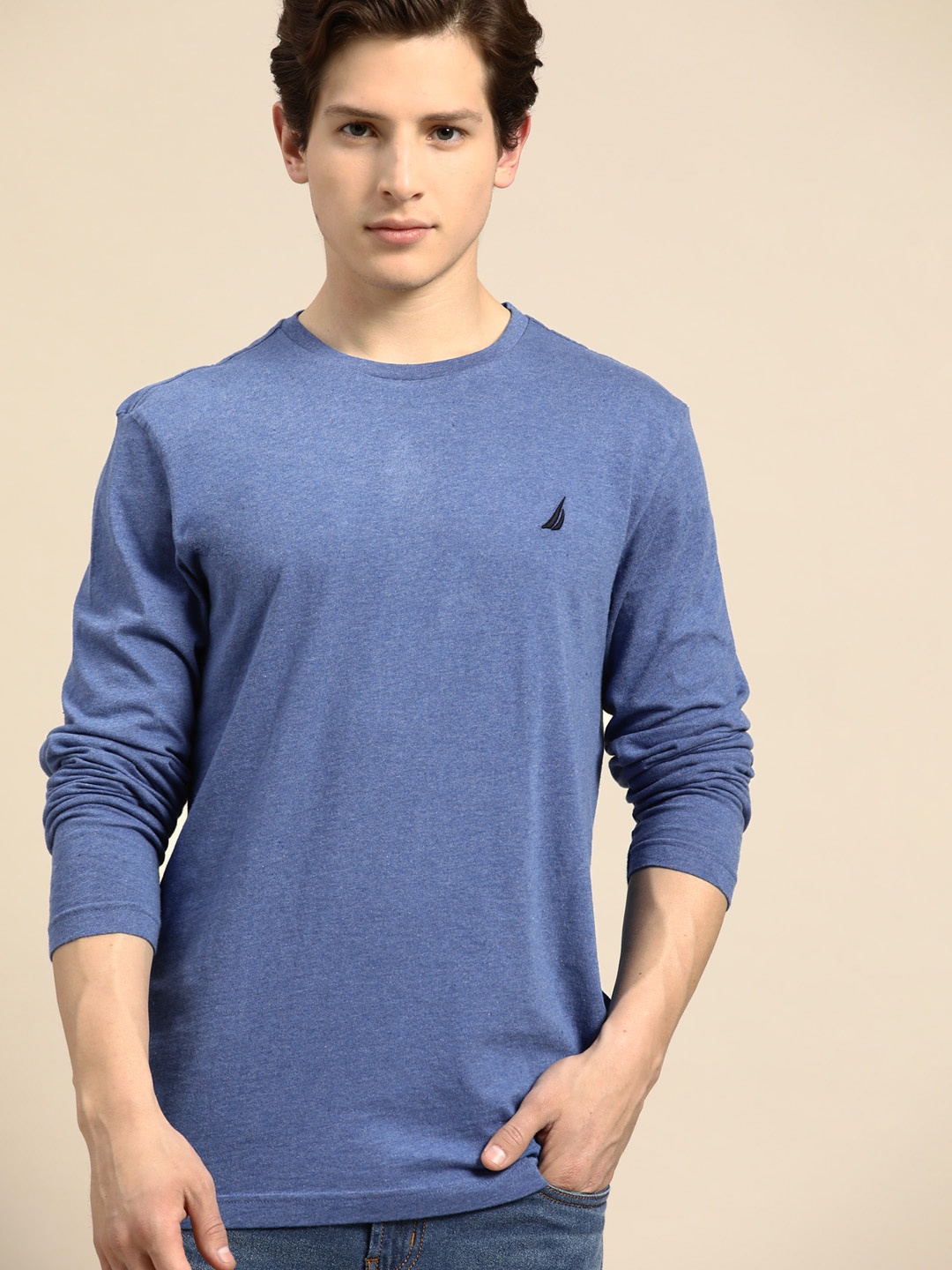 

Nautica Men Blue with Melange Effect Brand Logo Printed Pure Cotton T-shirt
