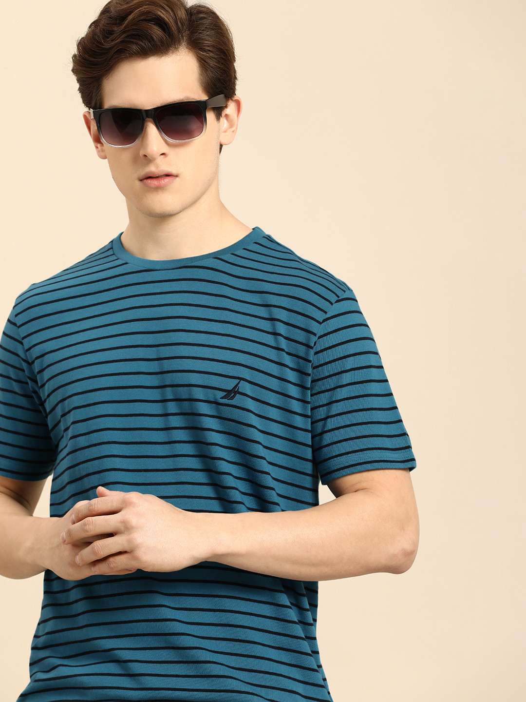 

Nautica Men Blue & Black Striped Round-Neck Pure Cotton Casual T-shirt
