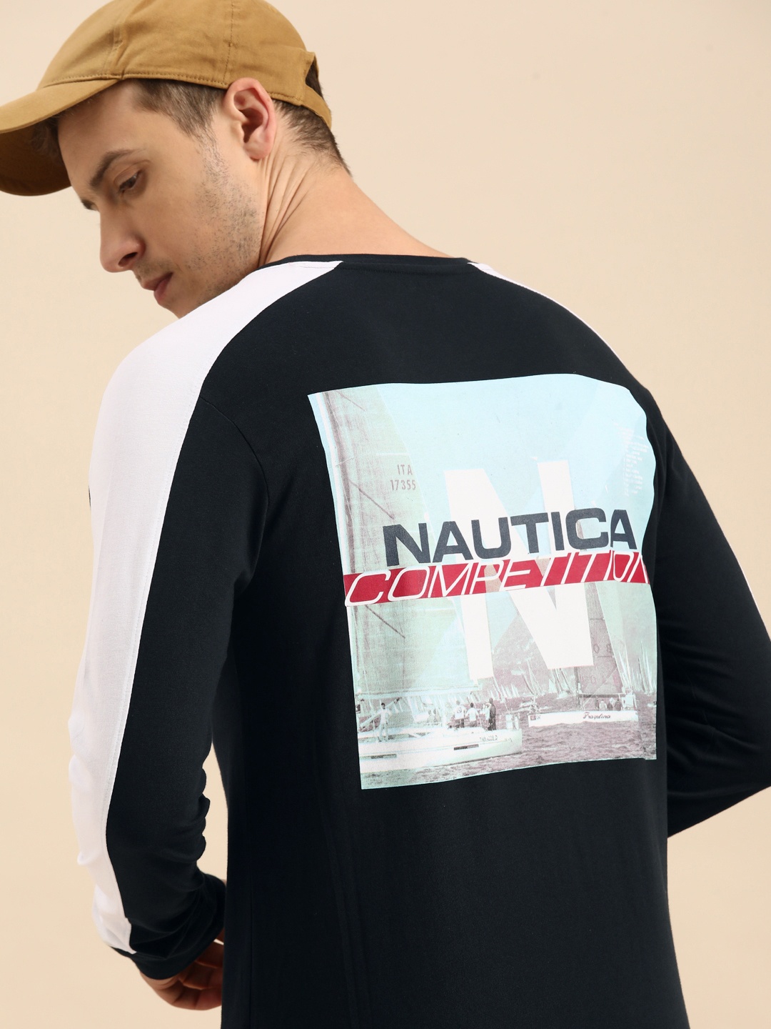 

Nautica Men Navy Blue Typography Print Round Neck Pure Cotton T-shirt with Zip Detail