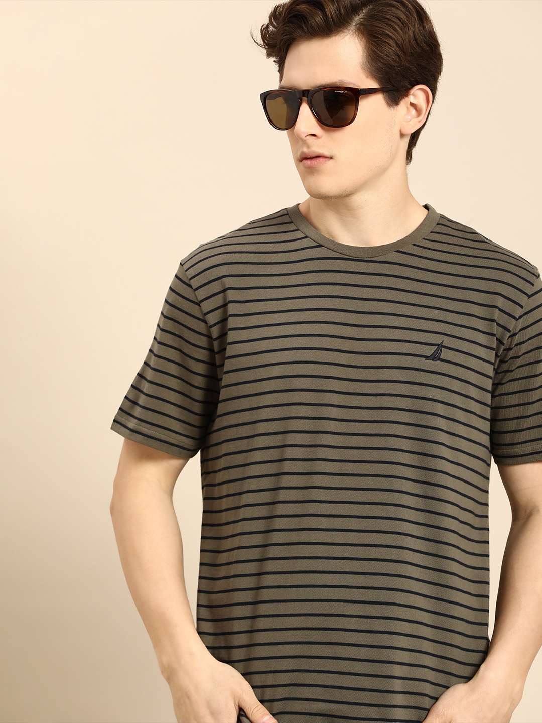 

Nautica Men Olive Green & Navy Blue Striped Pure Cotton Casual T-shirt