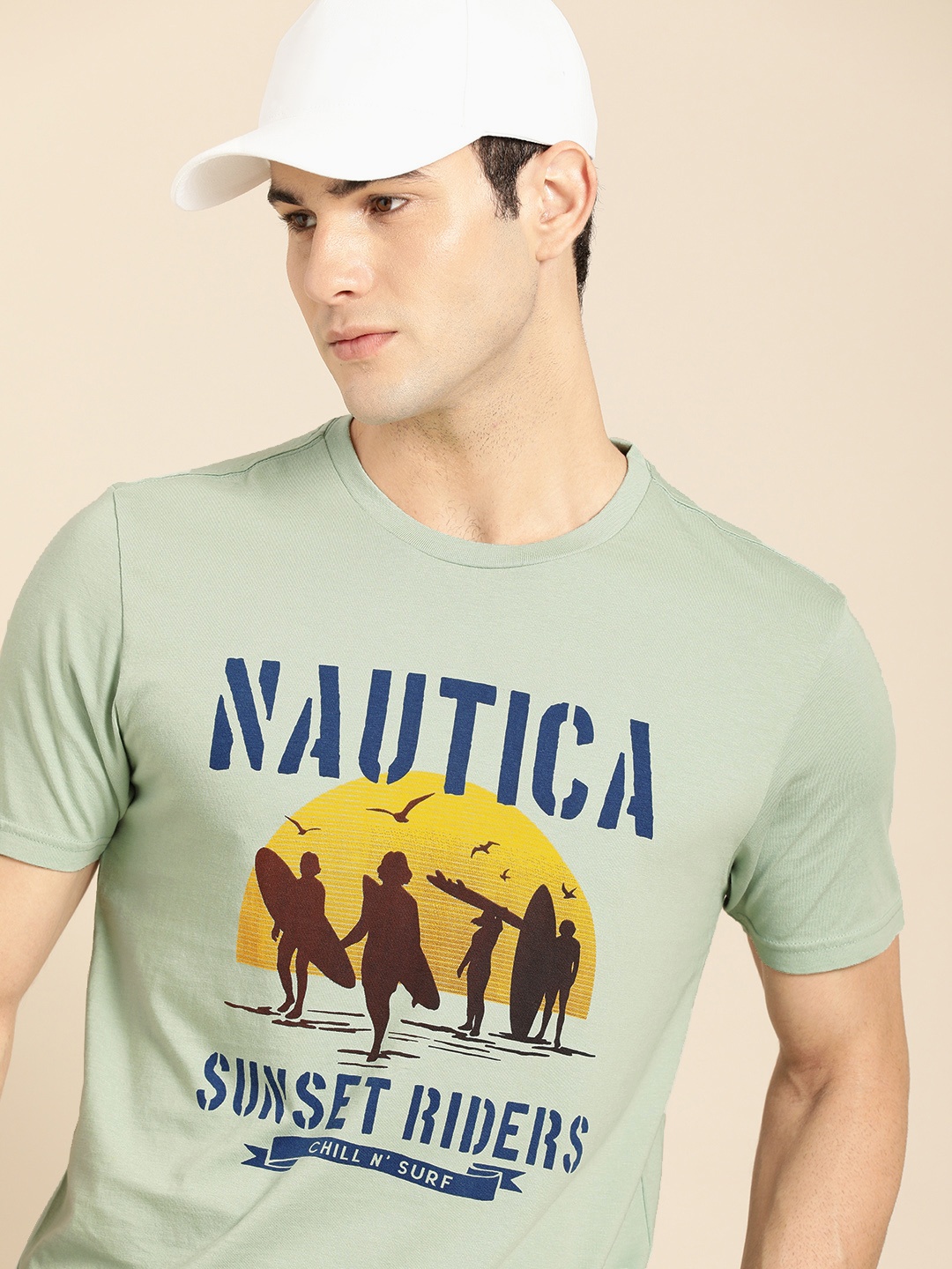 

Nautica Men Green Brand Logo Printed Round Neck Pure Cotton T-shirt