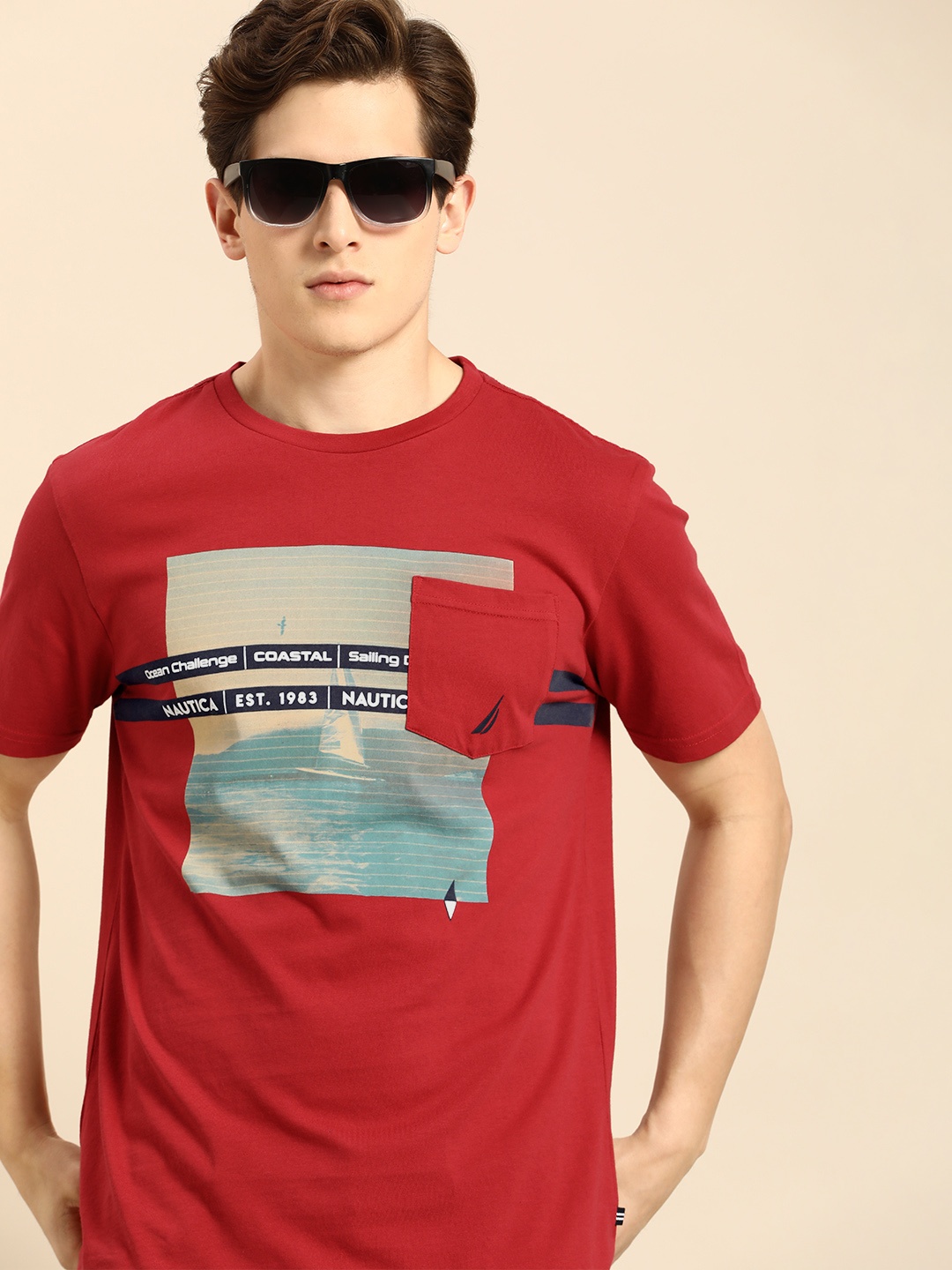 

Nautica Men Red Graphic Print Pure Cotton Pocket T-shirt