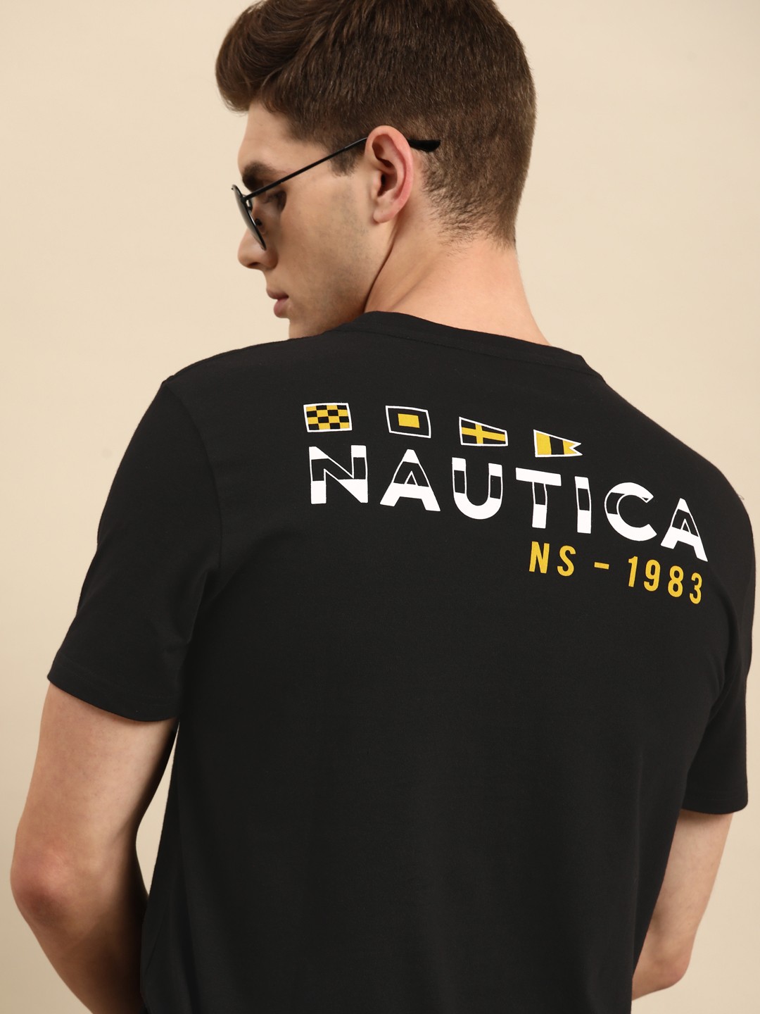 

Nautica Men Black Brand Logo Printed Pure Cotton T-shirt with Pocket
