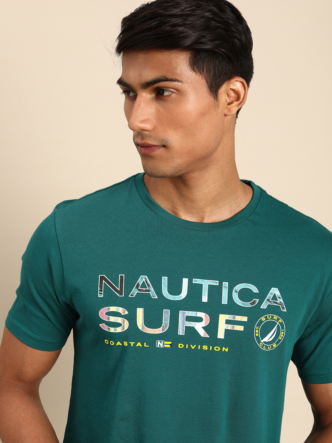 

Nautica Men Teal Green Brand Logo Print Round Neck Pure Cotton T-shirt