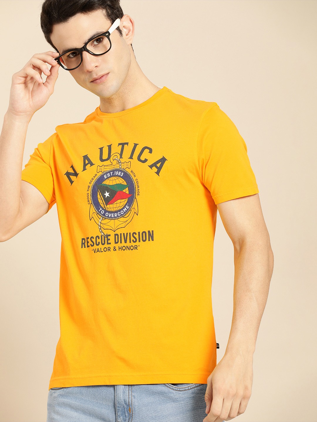 

Nautica Men Yellow Graphic Printed Regular Fit Pure Cotton Casual T-shirt